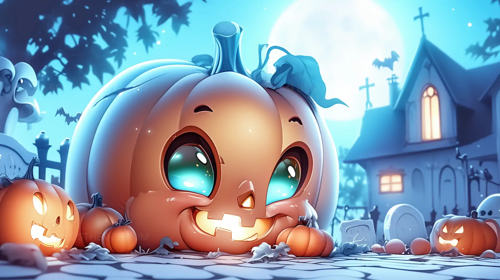 Adorable Halloween Pumpkin with Glowing Blue Eyes in Graveyard | AI Image