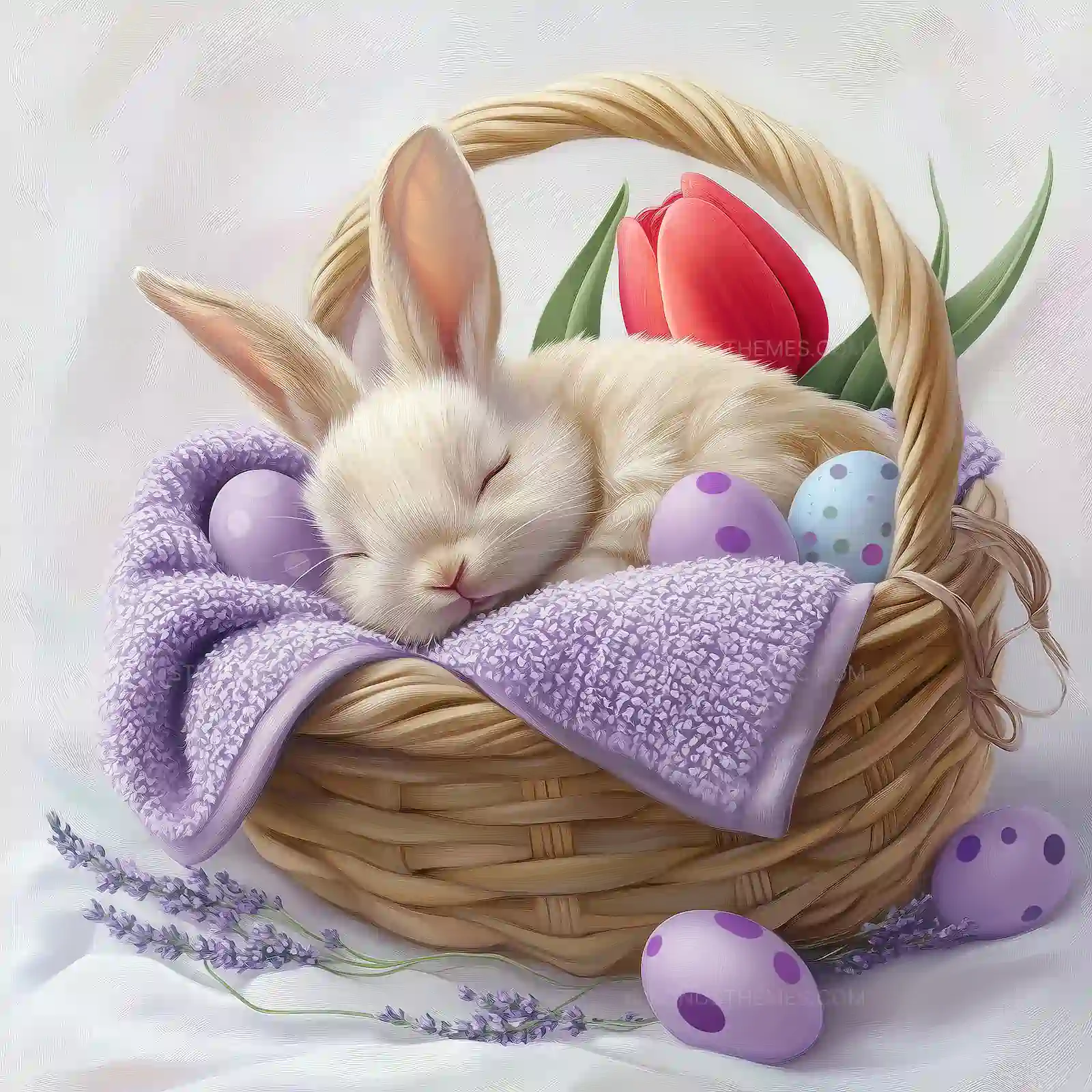 Adorable Sleeping Bunny in Easter Basket with Decorated Eggs | AI Image