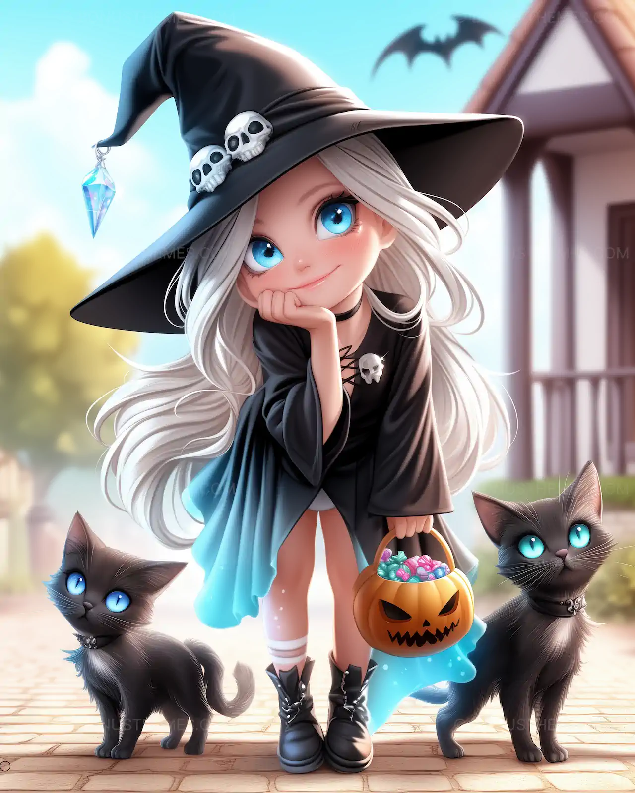 Adorable Witch Girl with Black Cats and Pumpkin Bucket | AI Illustration