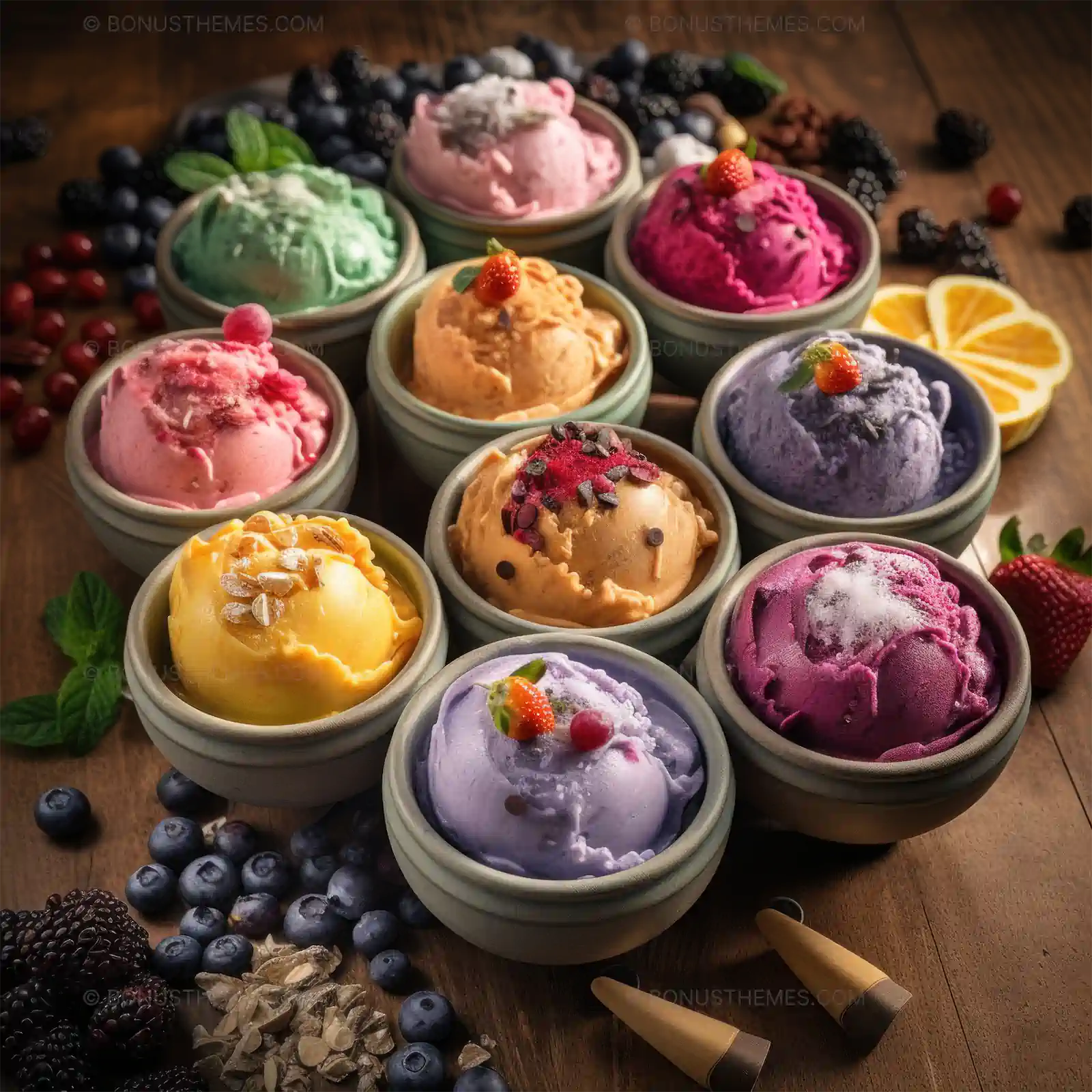 Various Flavors of Ice Cream in a Bowl with Toppings | Gourmet AI Generated Summer Dessert Image