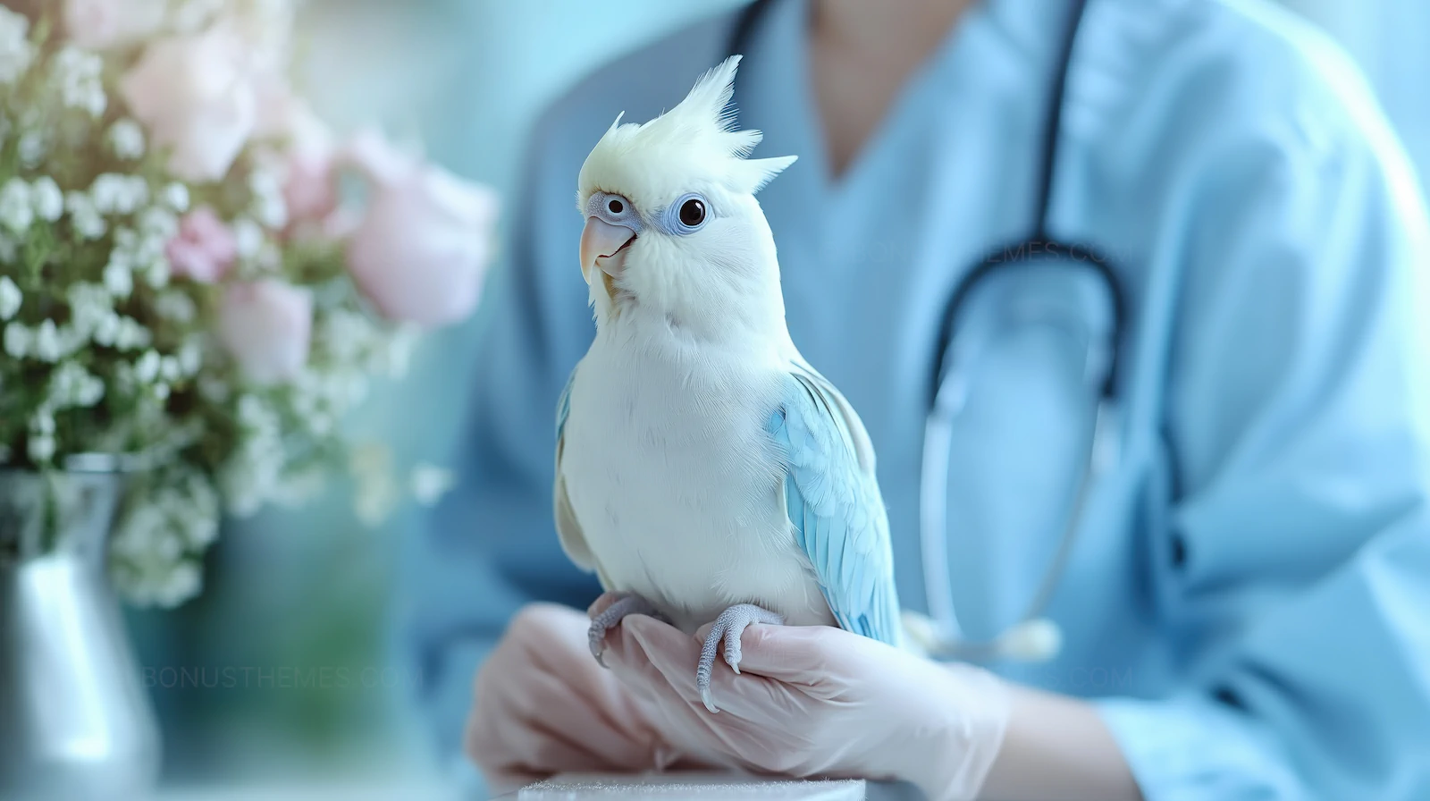 Veterinarian Holding White Cockatiel | Avian Veterinary Care AI Image