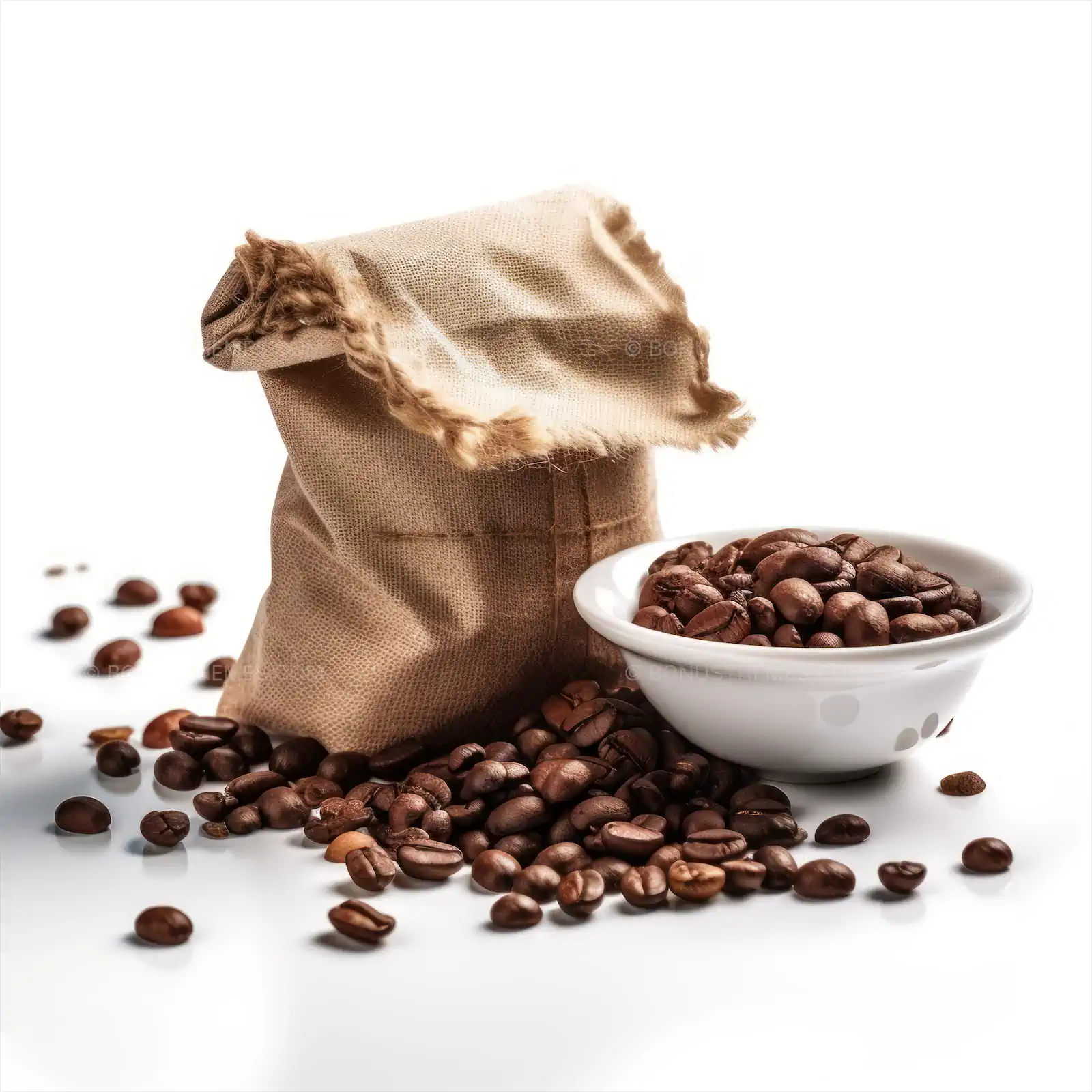 Bag and Bowl of Roasted Coffee Beans | Rustic AI Generated Coffee Shop Branding Image