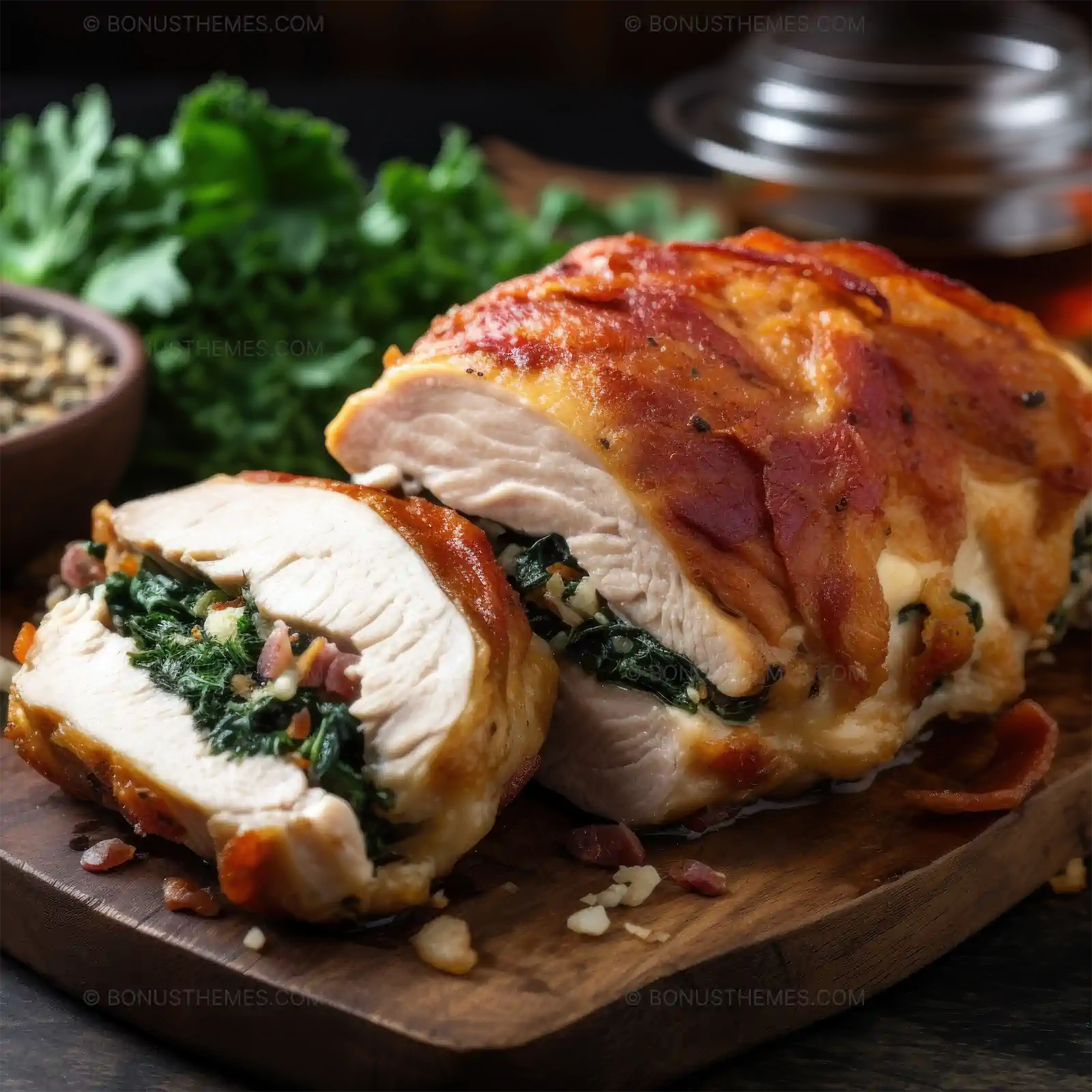 Baked Stuffed Chicken Garnished with Garlic | Gourmet AI Generated Culinary Photography