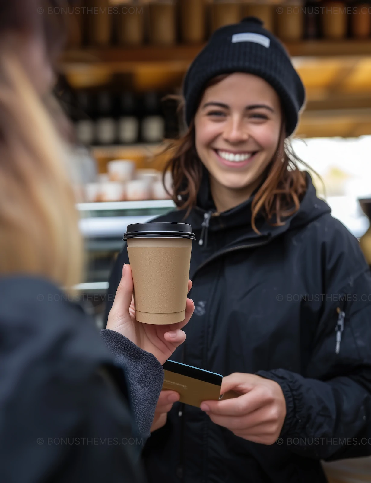 Smiling Barista Handing Coffee to Customer with Credit Card Payment | Warm AI Generated Outdoor Café Scene