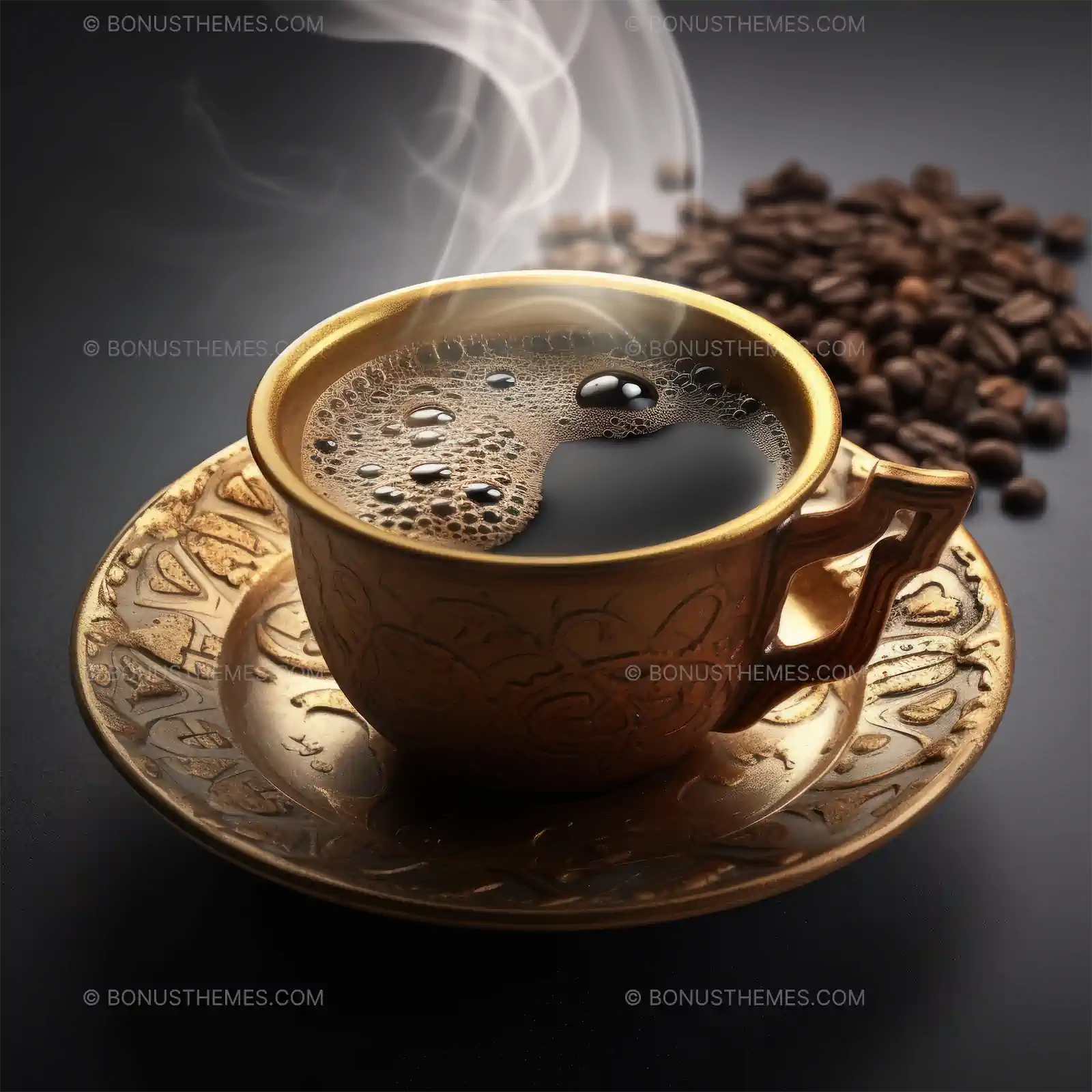 Black Coffee with Steam on Ornate Gold Plate | Luxurious AI Generated Beverage Image