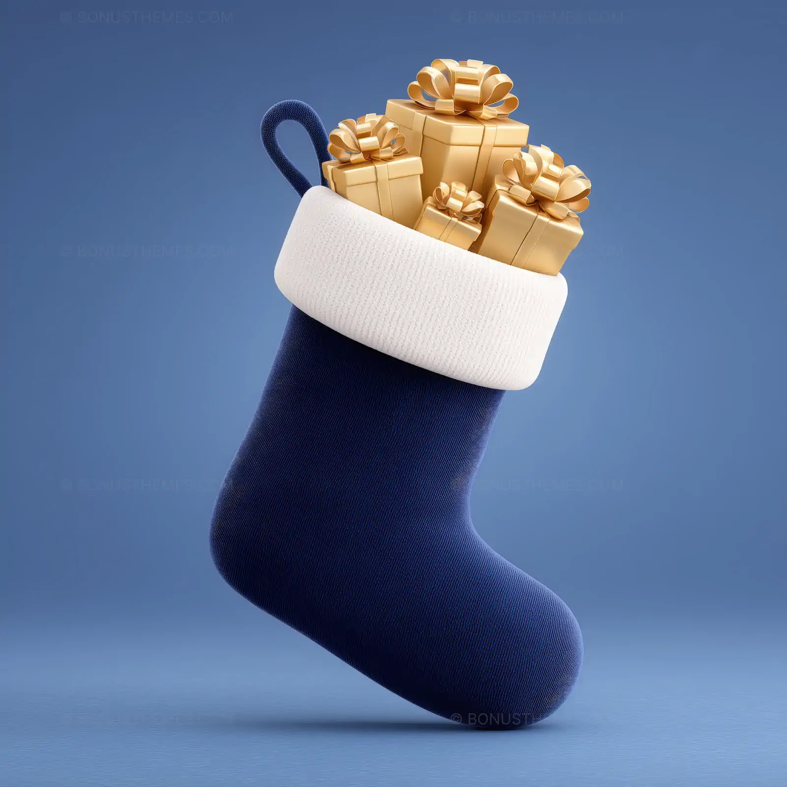 Blue Christmas Stocking Filled with Gold Wrapped Presents | Holiday AI Image
