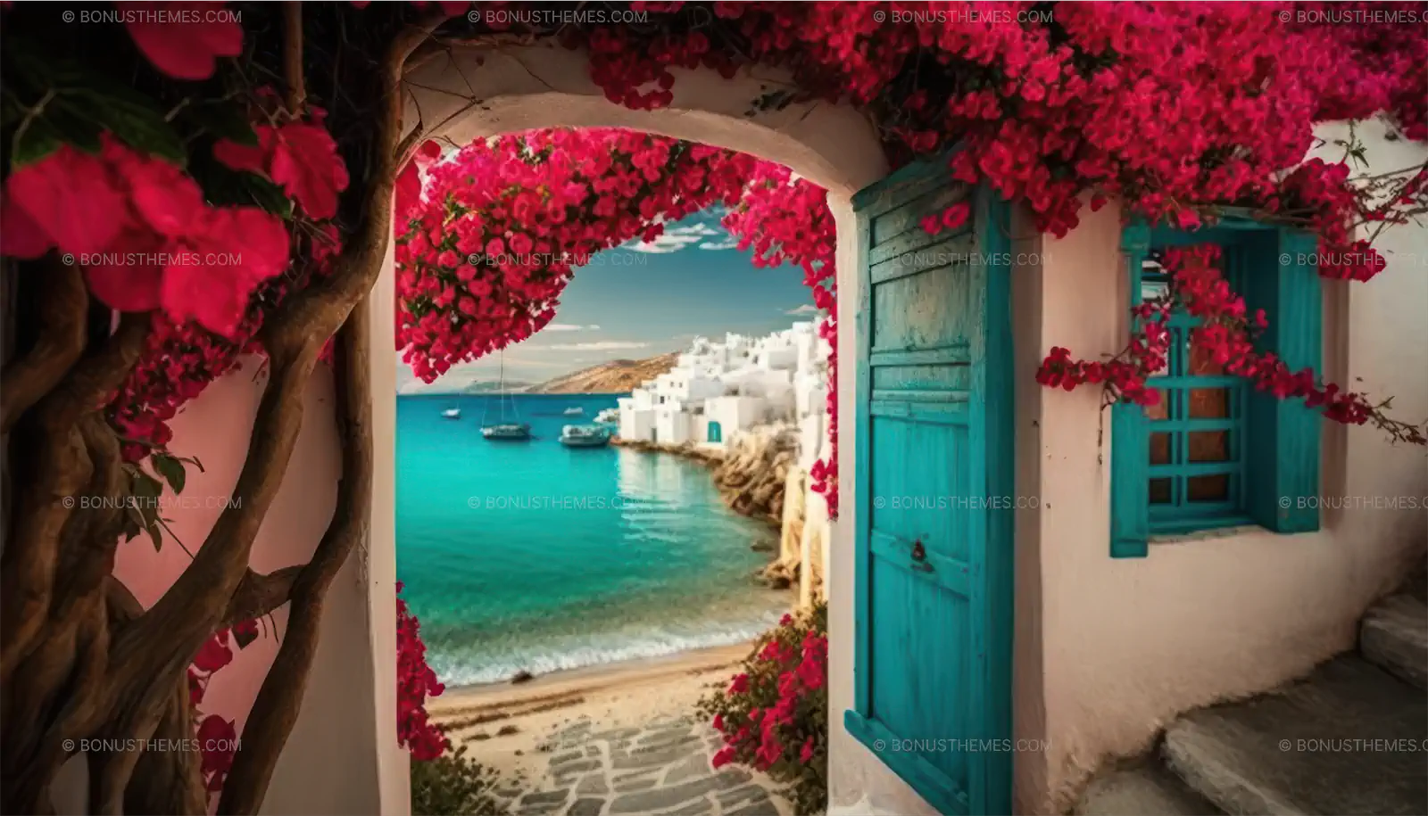 Blue Door Opening to Tranquil Beach and Blue Ocean View - AI Generated Landscape Image