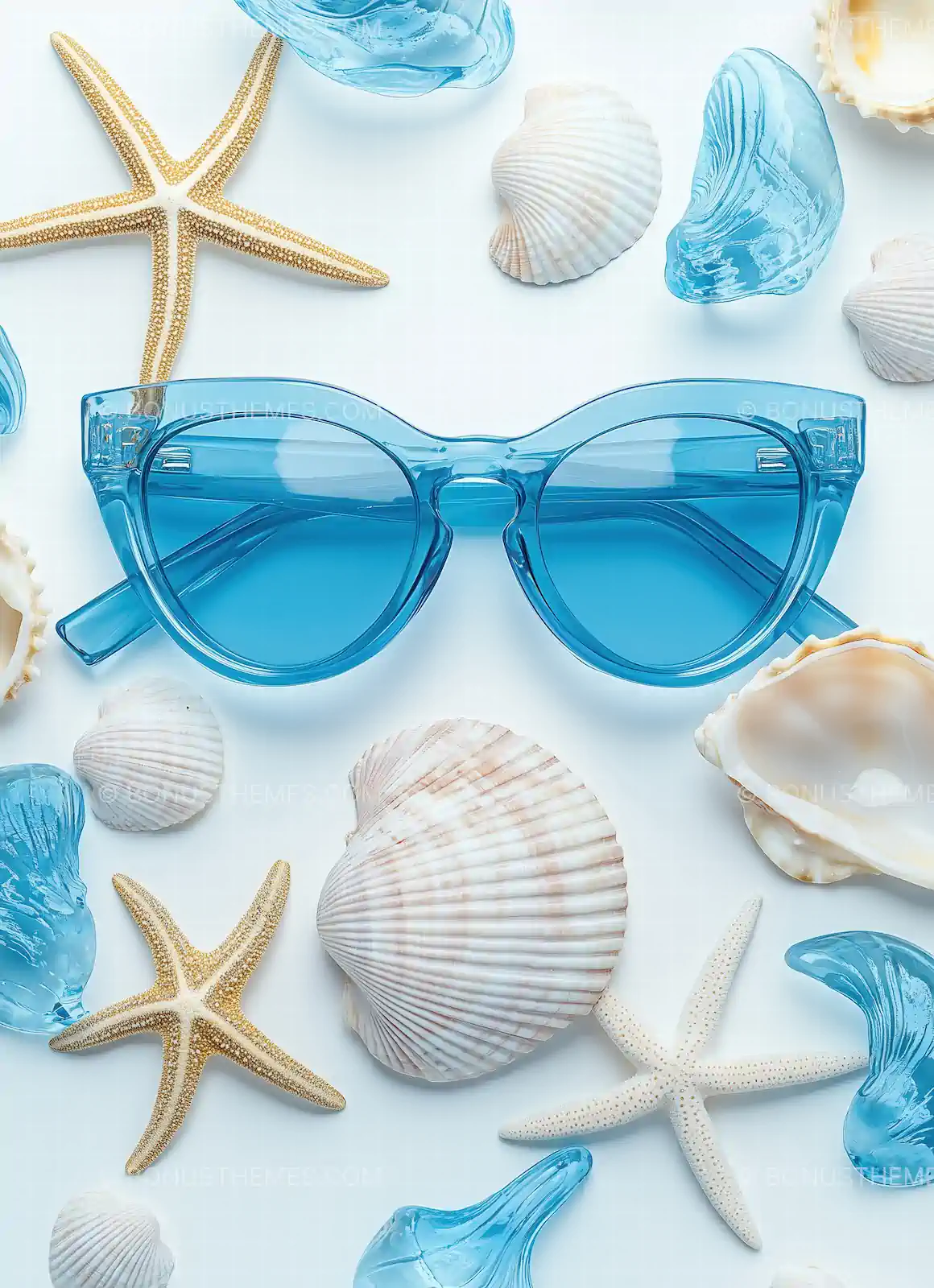 Blue Transparent Sunglasses with Seashells and Starfish | AI Summer Image