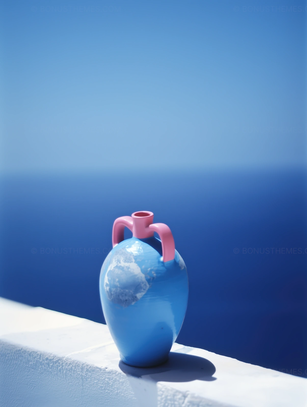 Blue Vase with Pink Handle by the Ocean | Minimalist Coastal AI Image