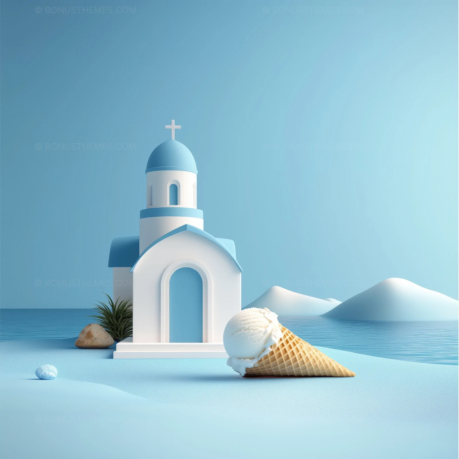 Blue and White Church on Beach with Large Ice Cream Cone | Surreal AI Image