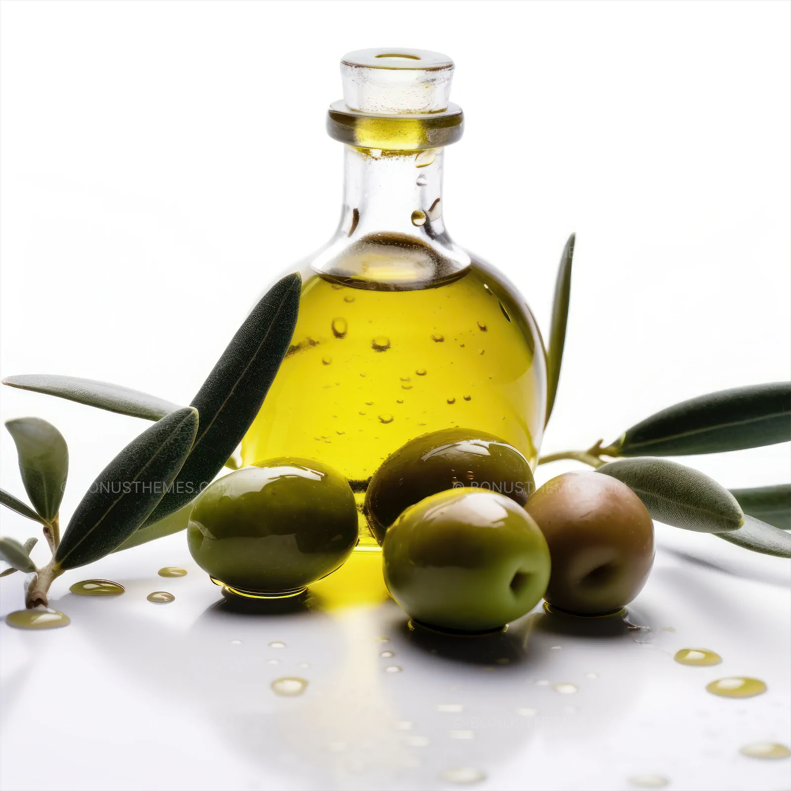 Premium Bottle of Olive Oil Surrounded by Green Leaves and Olives | Authentic Mediterranean AI Generated Still Life