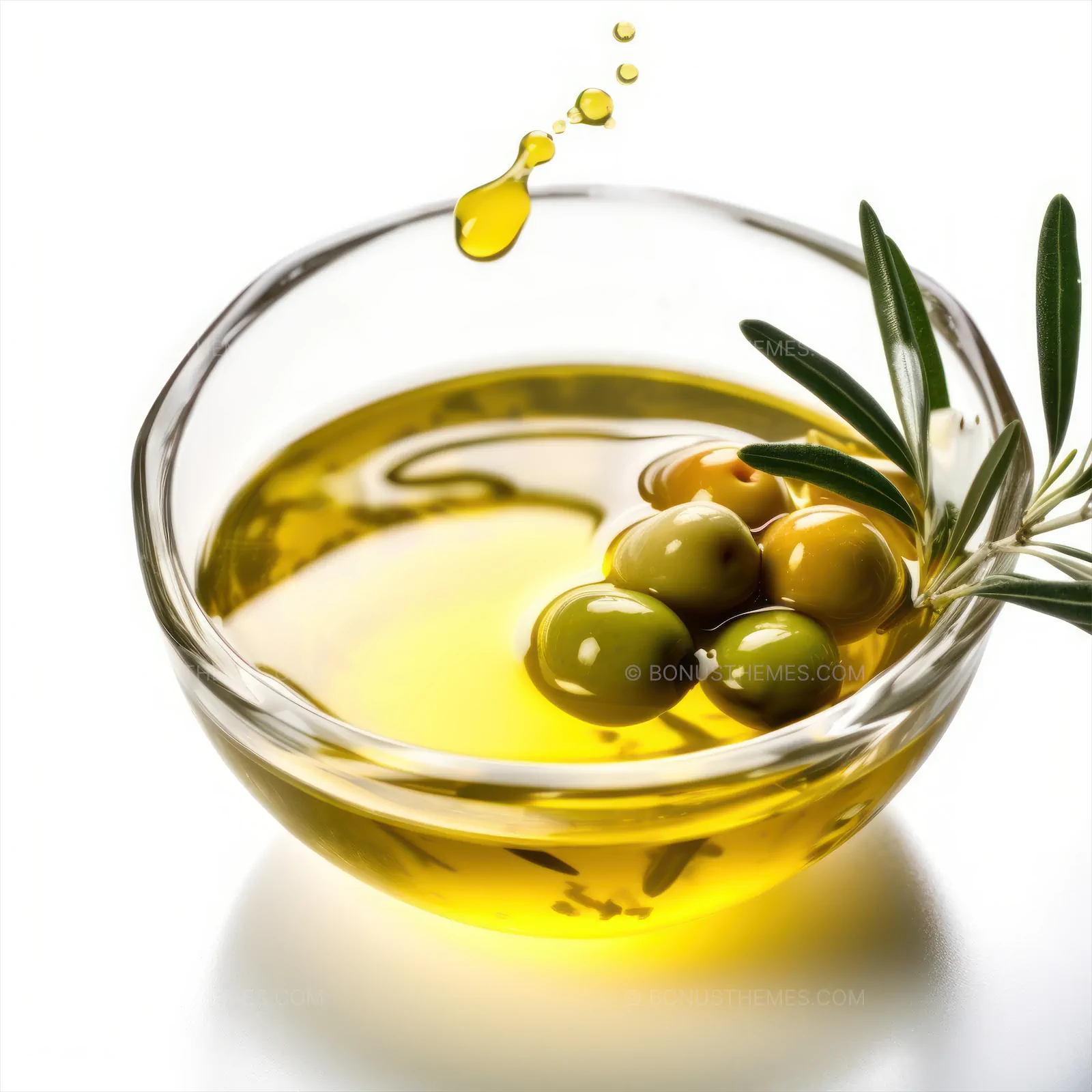 Bowl of Extra Virgin Olive Oil with Floating Green Olives | Mediterranean AI Generated Culinary Image