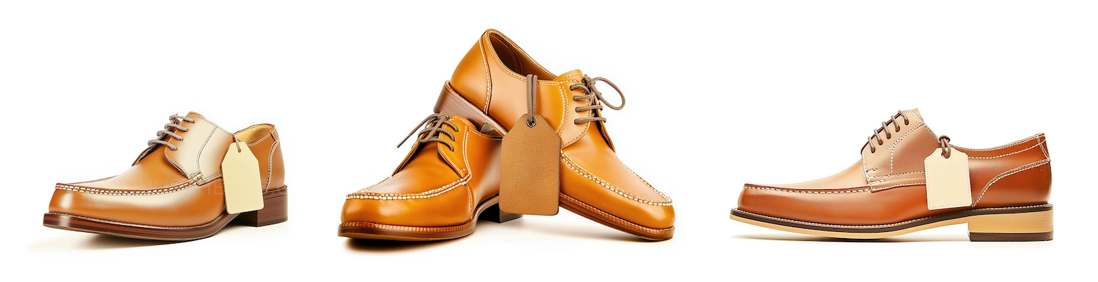 Professional Brown Leather Shoes Mockup - Three Angles with Discount Labels AI Generated