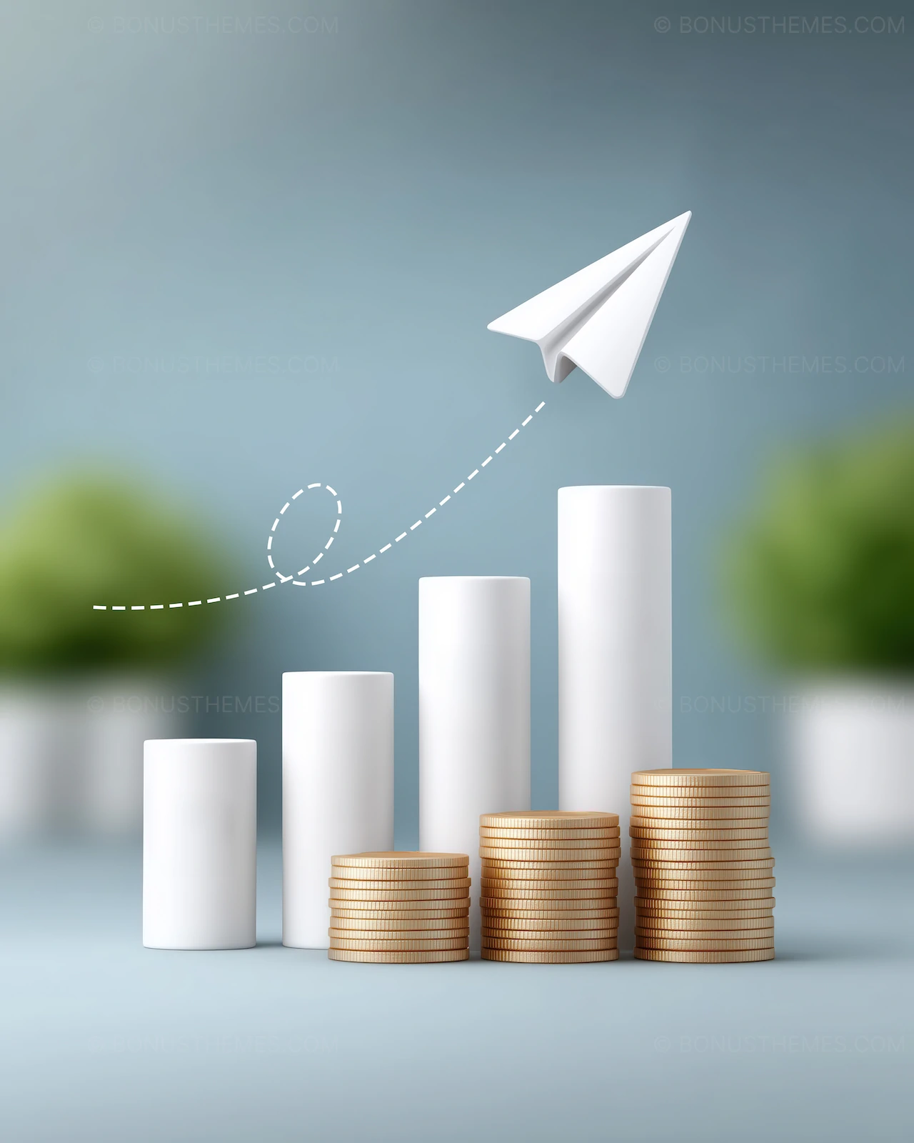 Business Growth Concept with Paper Plane & Rising Coin Bar Chart | AI Image
