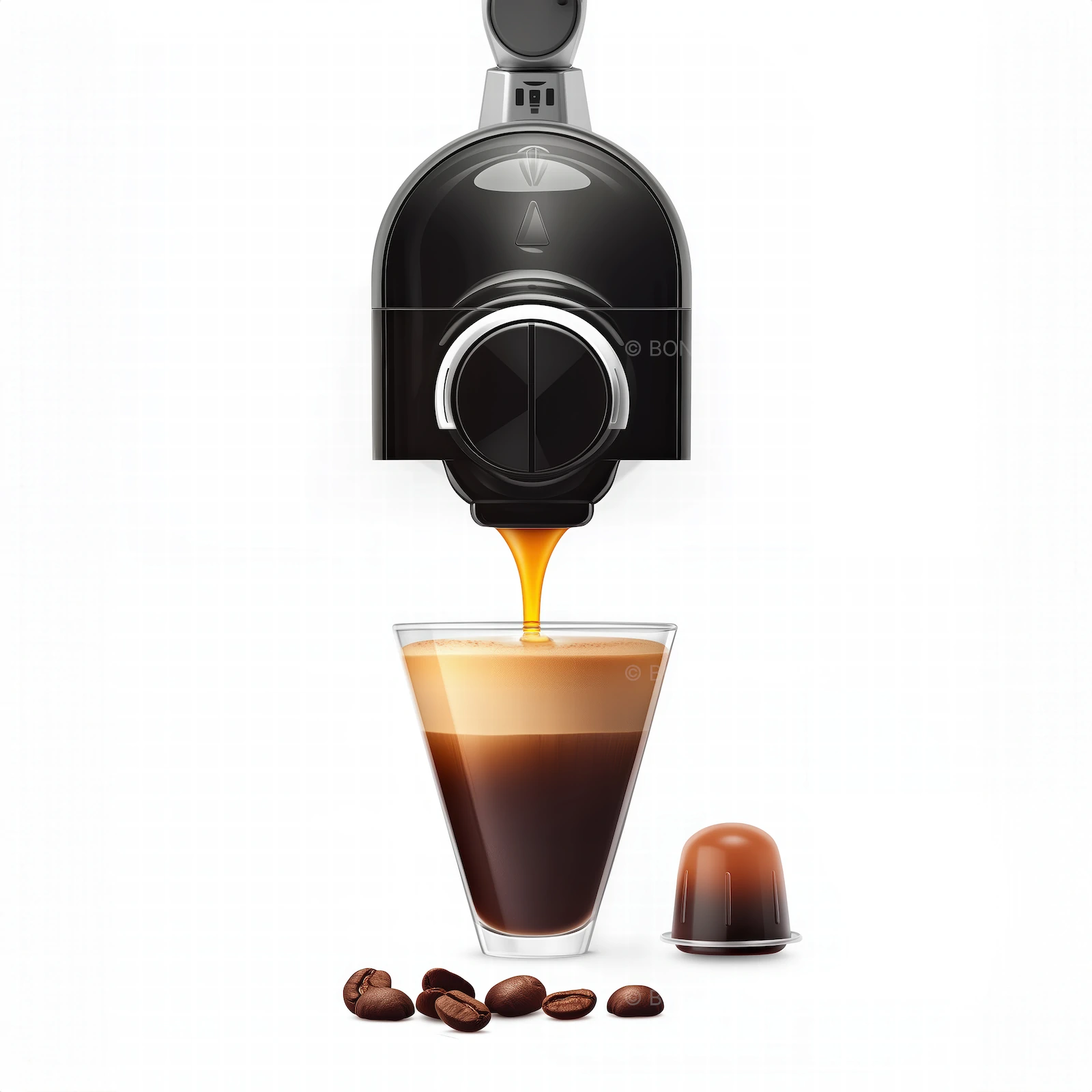 Sleek Black Capsule Coffee Machine Extracting Espresso | Minimalist AI Generated Kitchen Appliance Illustration