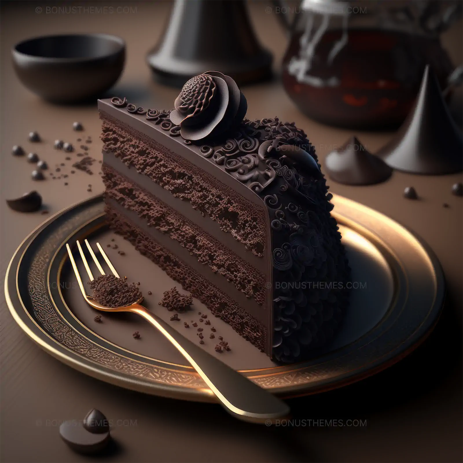 Rich Chocolate Cake Served on a Shiny Golden Plate | Elegant AI Generated Premium Dessert Illustration