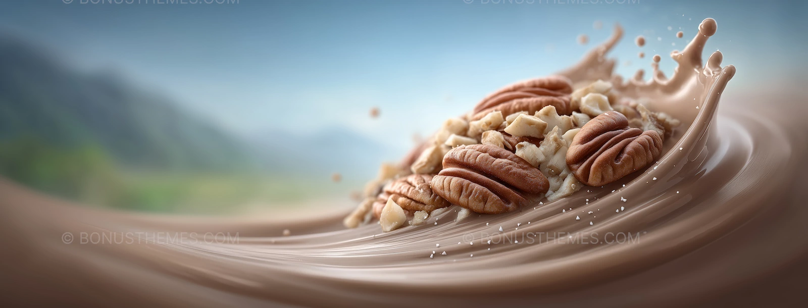 Chocolate Milkshake with Nuts - Mountain Background | Culinary AI Image