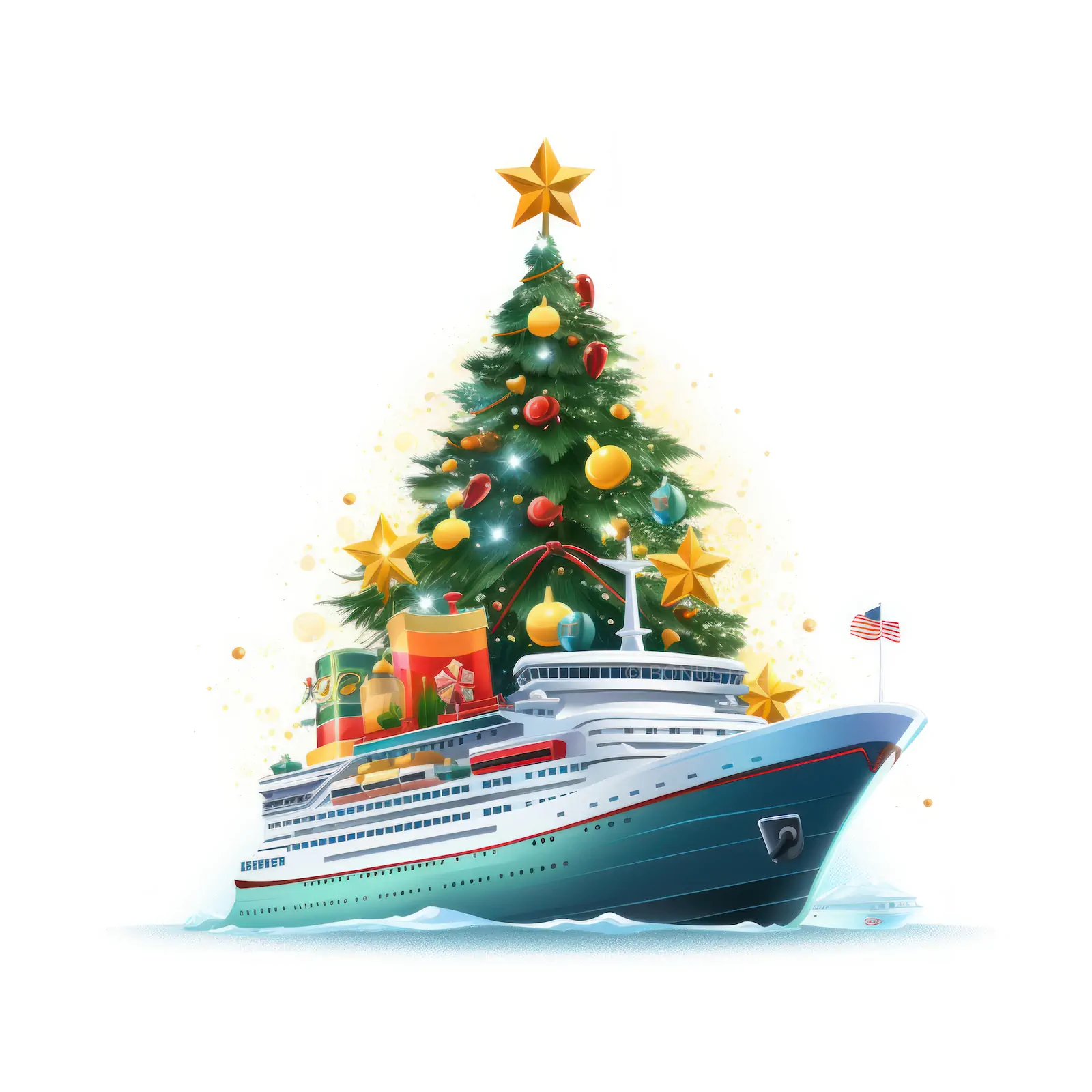 Christmas Cruise Ship with Tree, Star, and Festive Ornaments - AI Generated Holiday Image