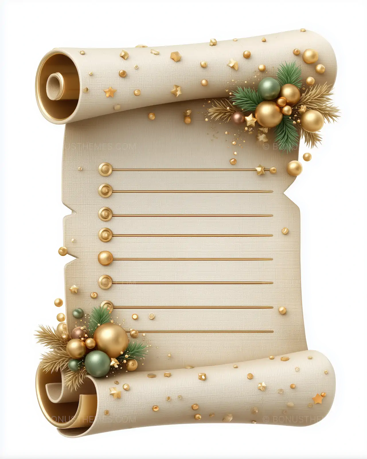 Christmas Paper Scroll with Gold and Green Ribbon & Ornaments | AI Image