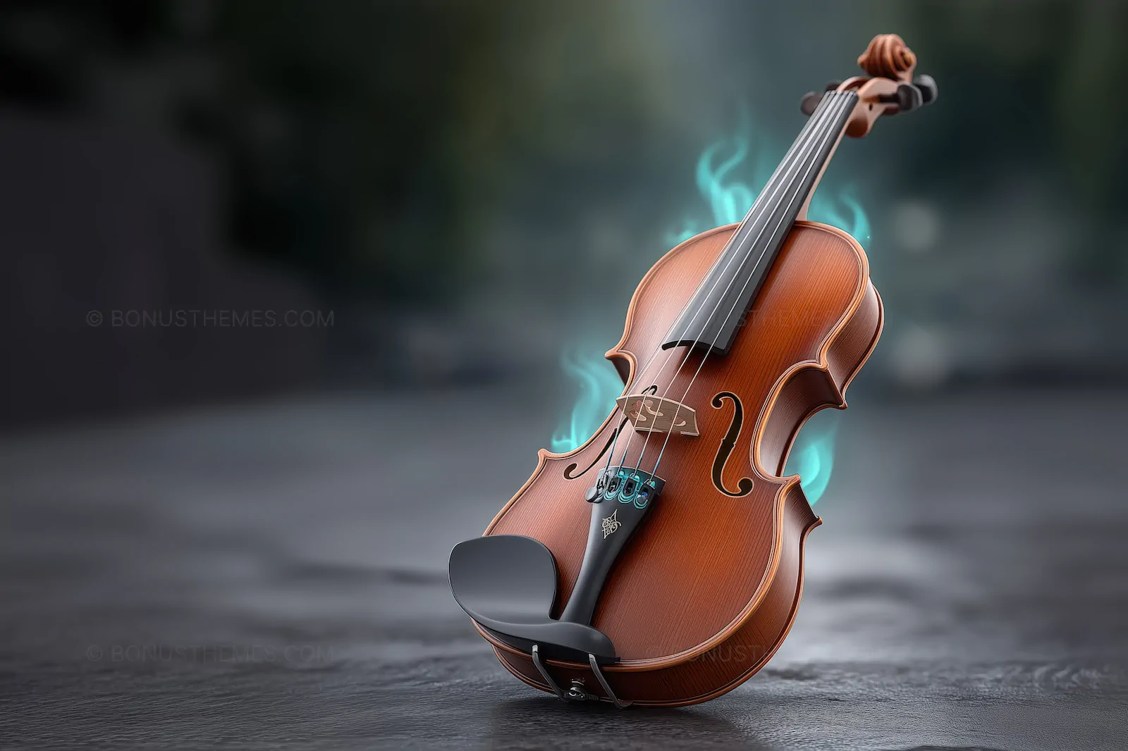 Classical Wooden Violin with Ethereal Blue Flames | AI Musical Instrument Art