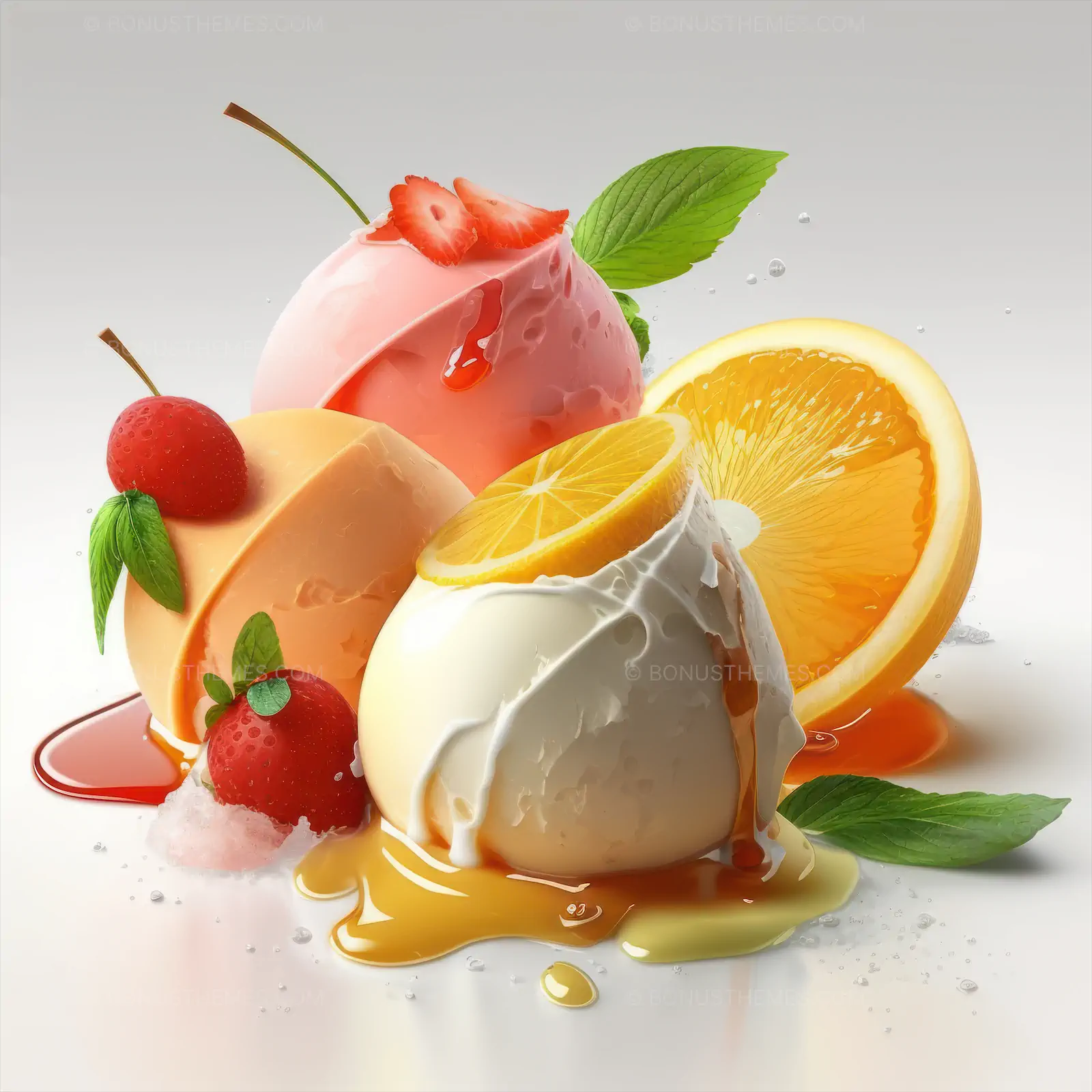 Close-Up Gourmet Dessert with Strawberry, Orange, and Raspberry | AI Generated Fruit Topping Image