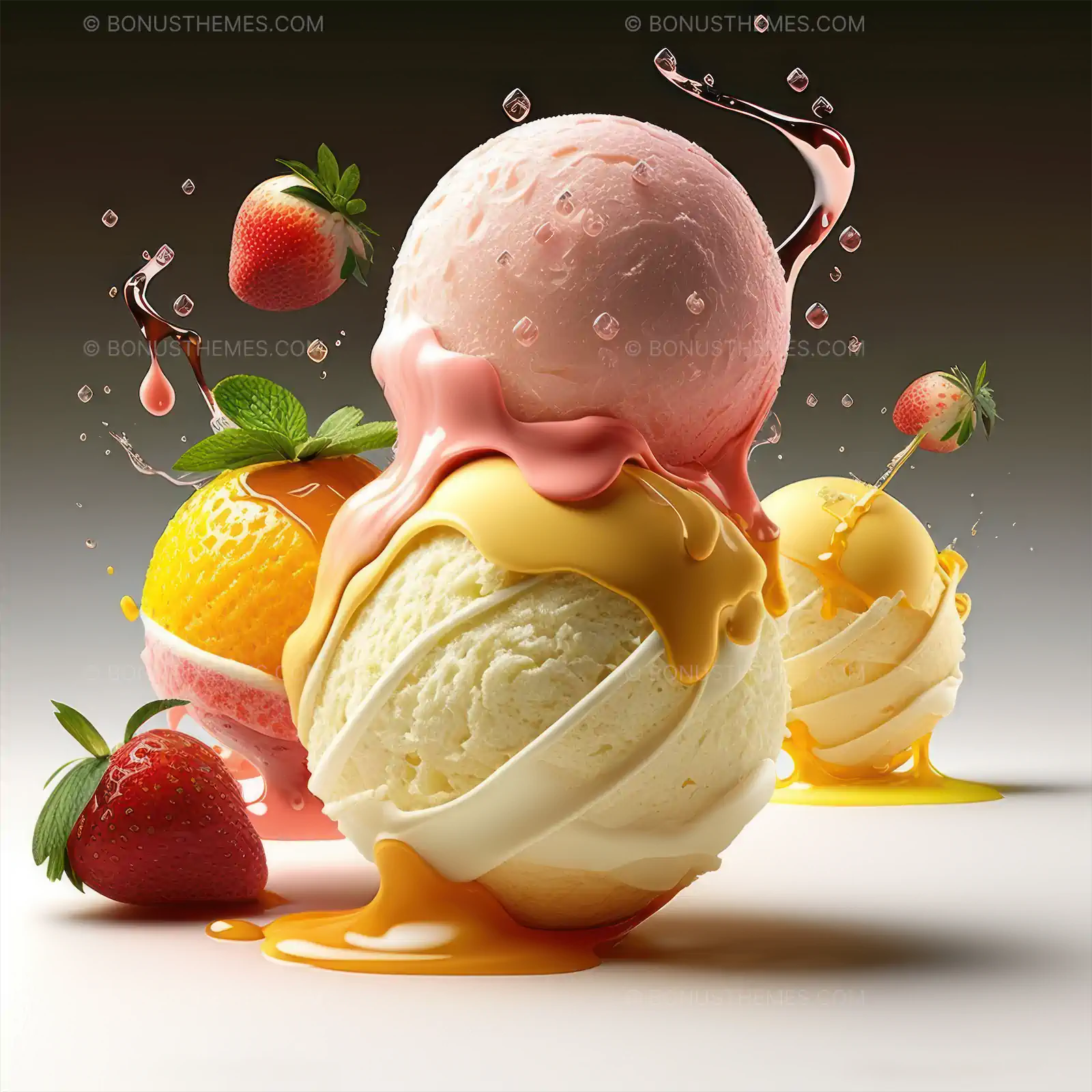 Close-up of Three Flavored Ice Cream Cones with Strawberry Topping | Vibrant AI Generated Summer Dessert Image
