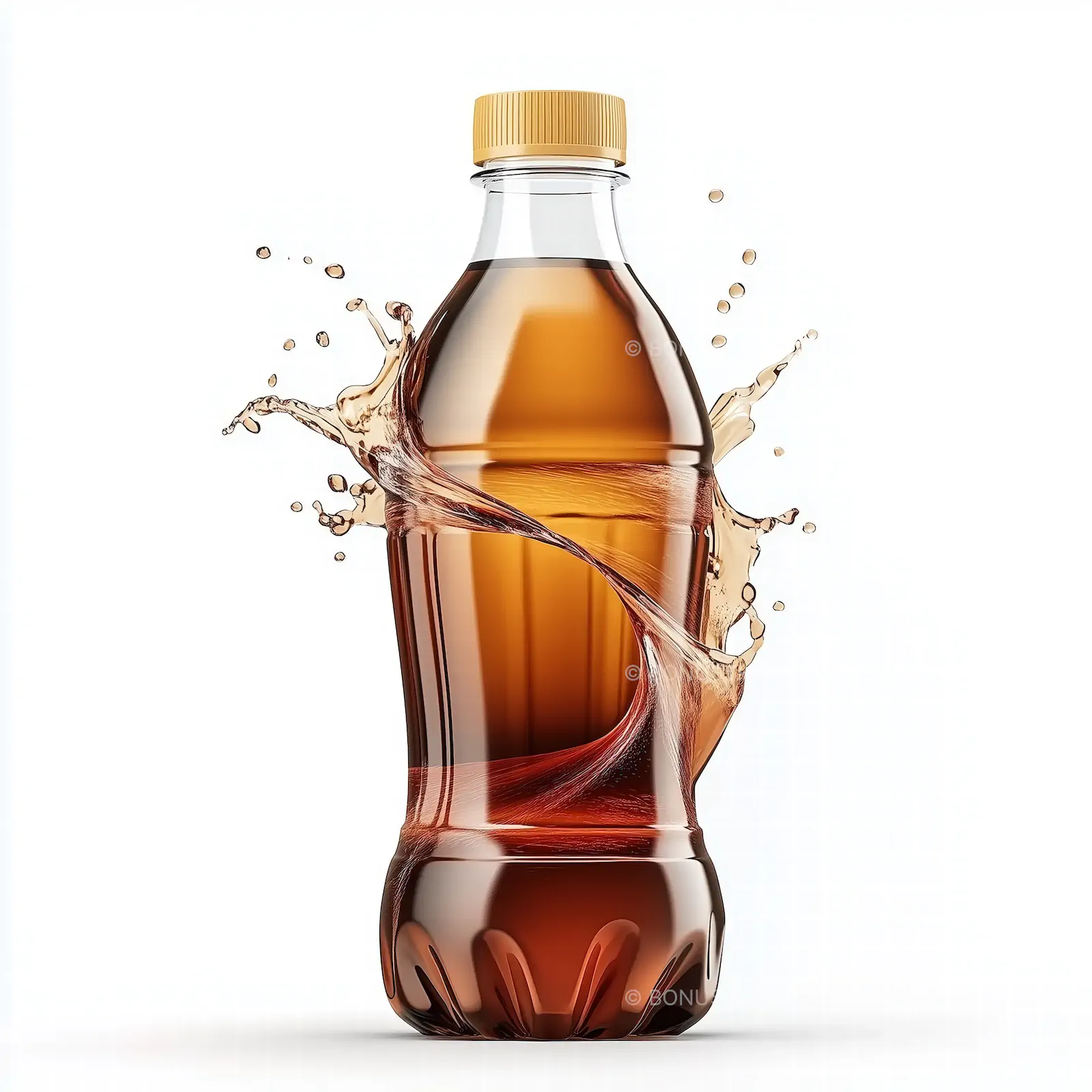 Cola Bottle with Yellow Cap and Liquid Splash | Refreshing Beverage AI Image