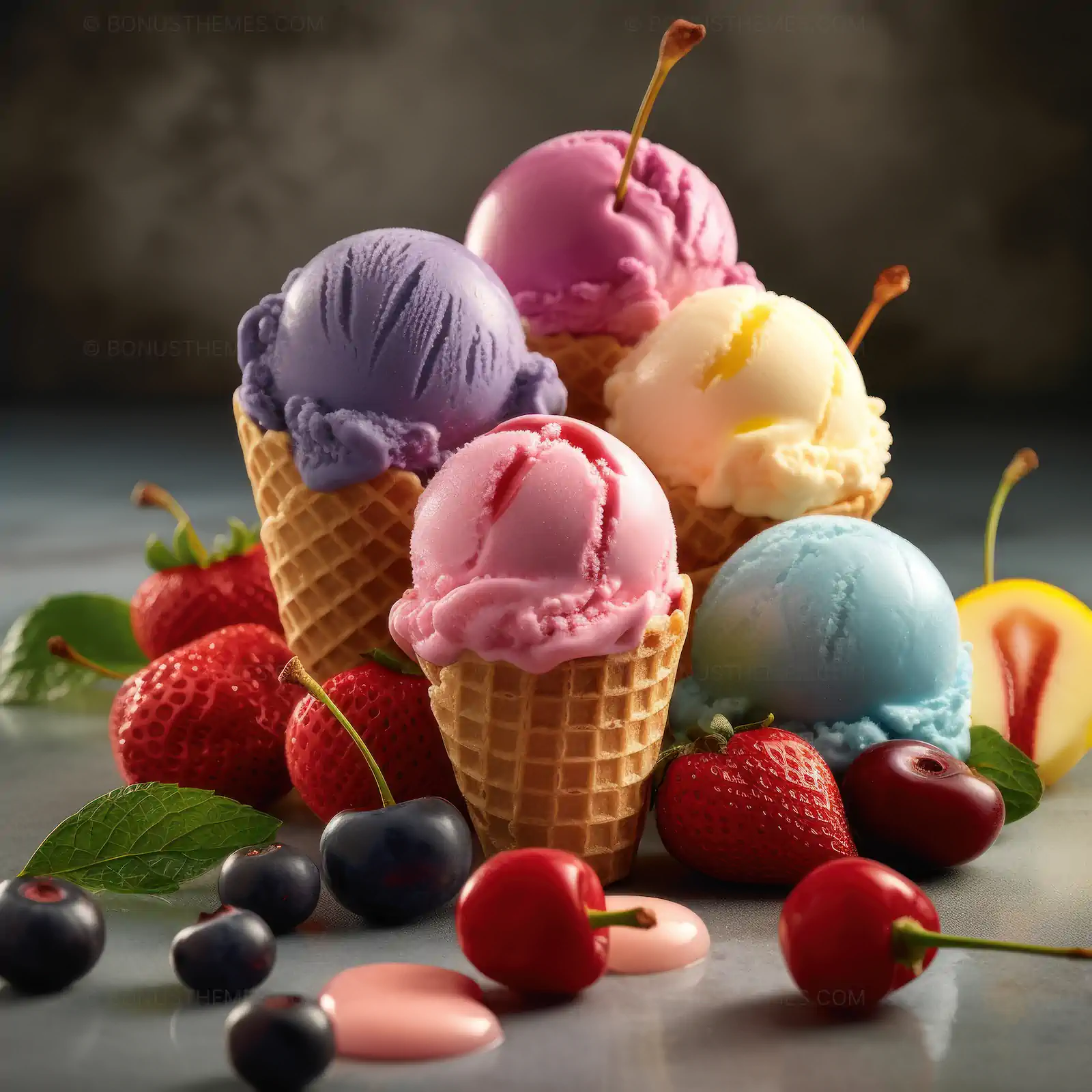 Colorful Ice Cream Assortment in Waffle Cones | Vibrant Summer Dessert AI Generated Image