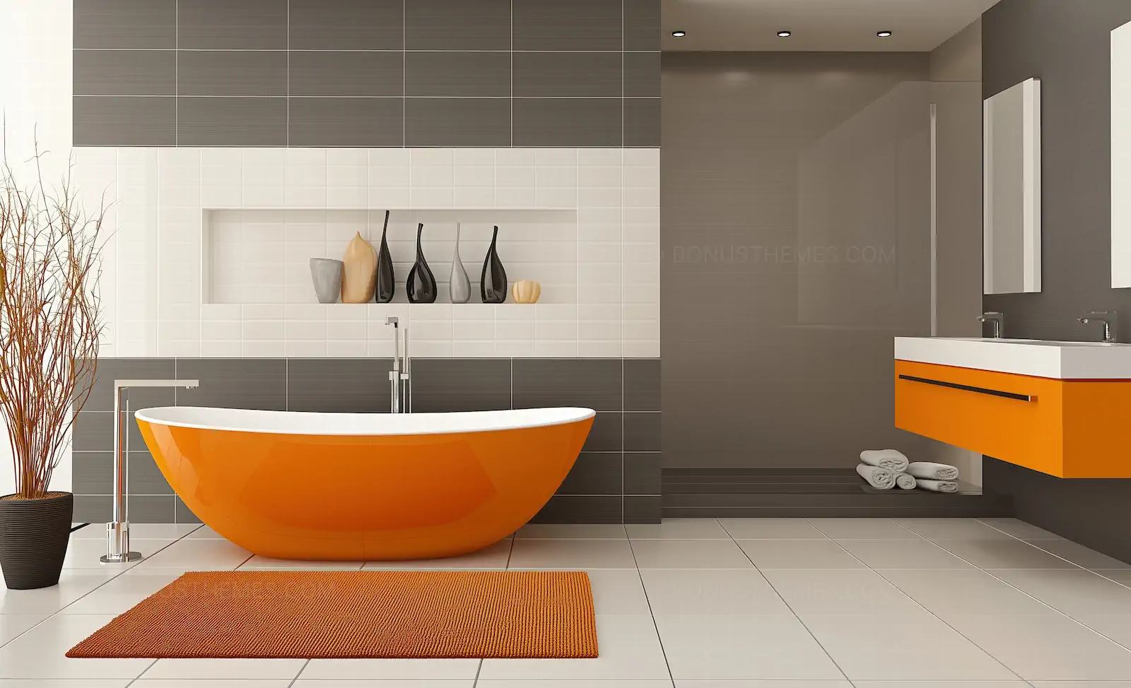 Contemporary Bathroom with Orange Freestanding Bathtub and Floating Vanity | AI Interior