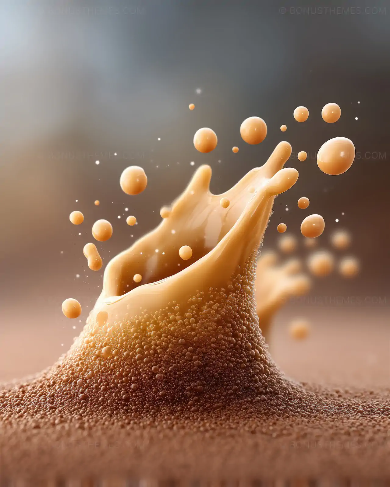 Dynamic Creamy Caramel Splash with Floating Droplets | Warm AI Generated Gourmet Liquid Illustration
