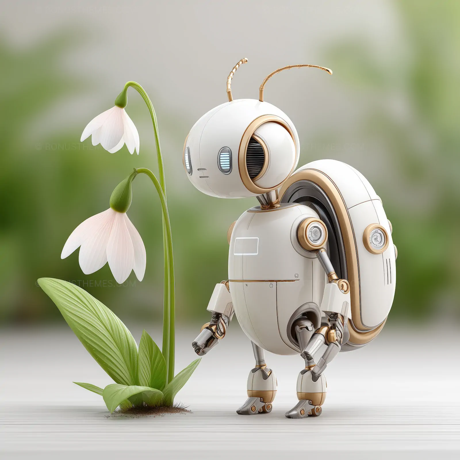 Cute White Robot Examining a Delicate Flower | AI Generated Concept of Eco-Friendly Robotics and Nature