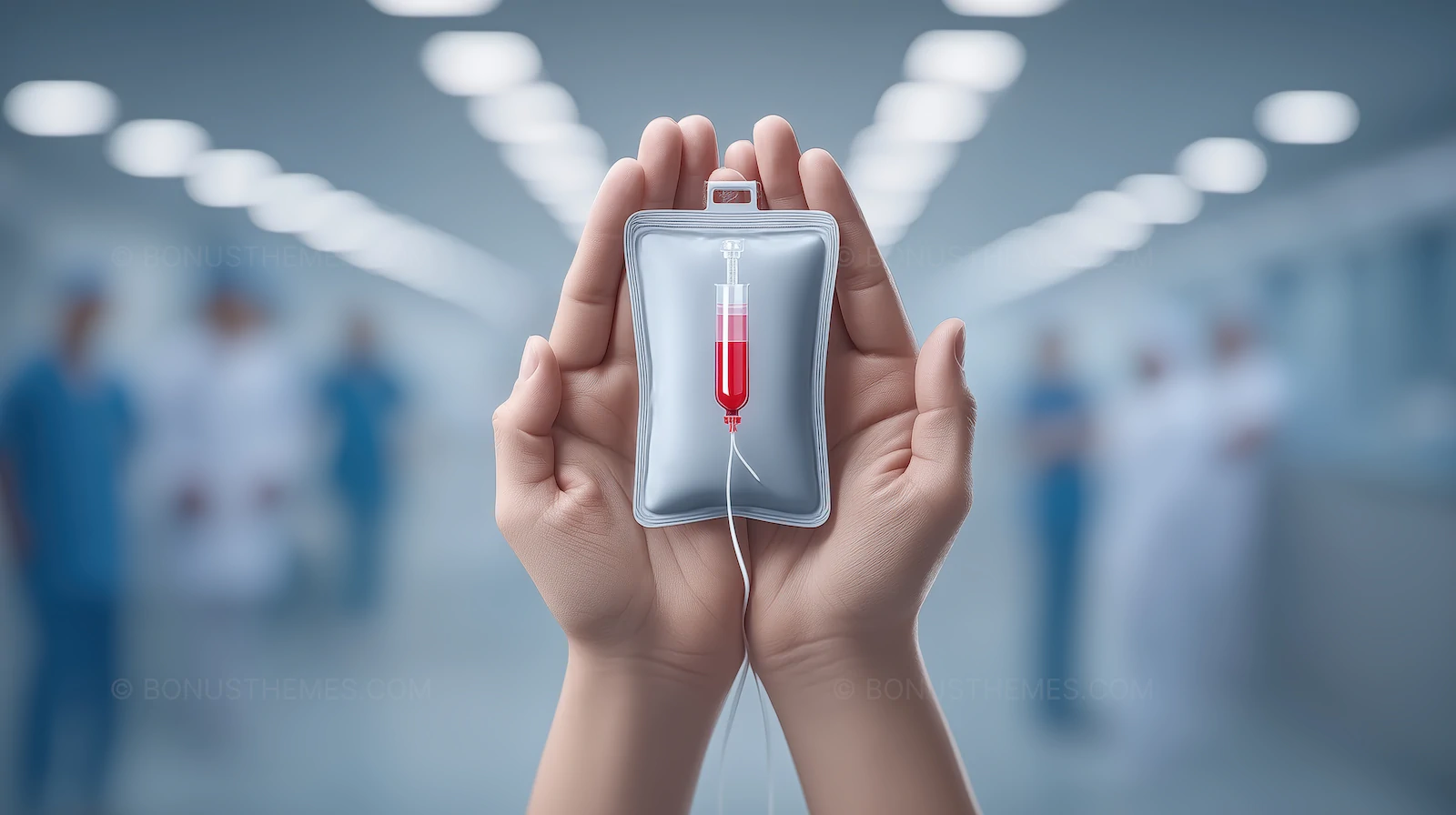 Diverse Hands Holding Blood Donation Bag - Healthcare Awareness | AI Image