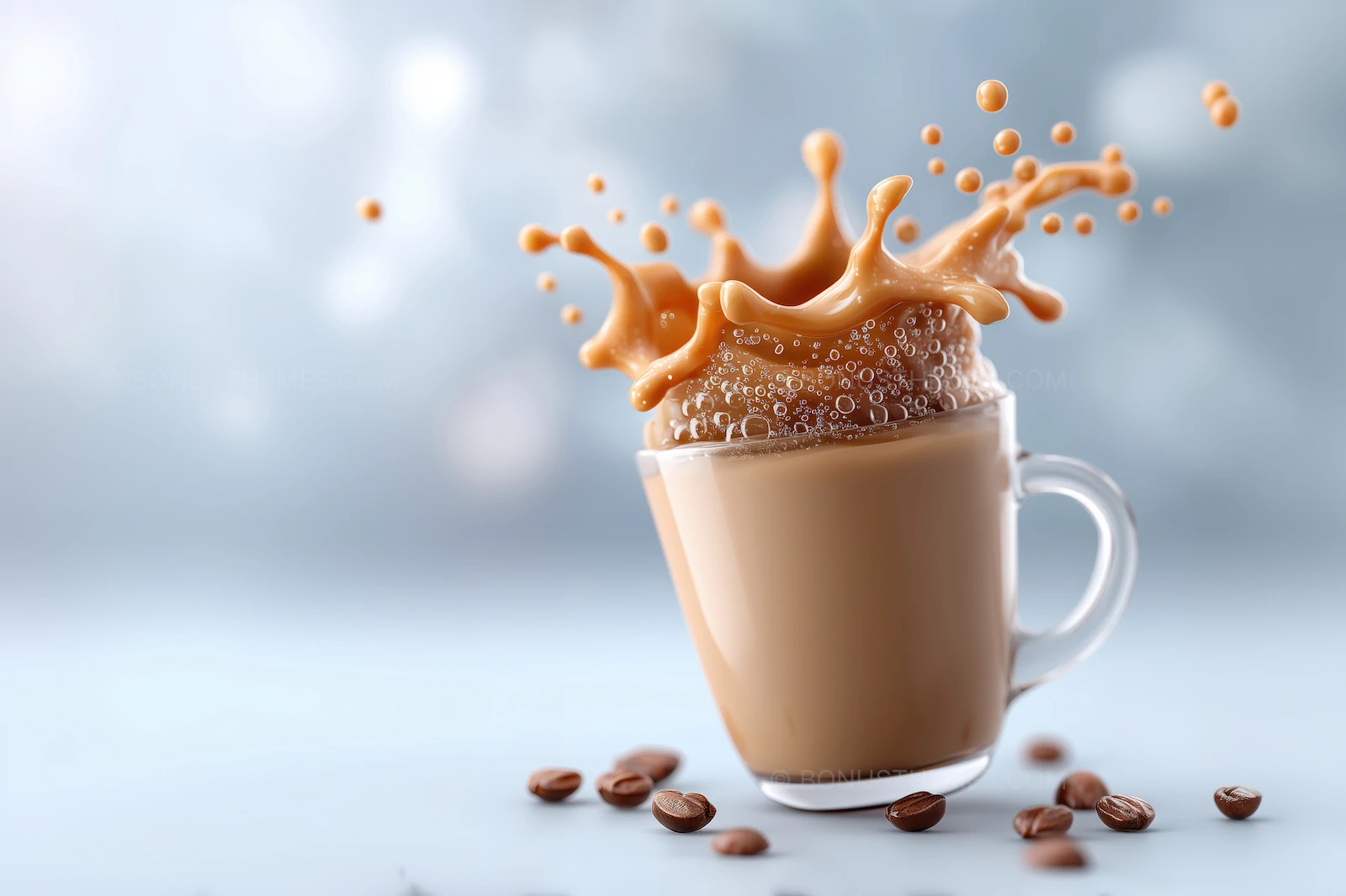 Dynamic Coffee Splash in a Glass Cup with Floating Beans | Atmospheric AI Generated Beverage Illustration