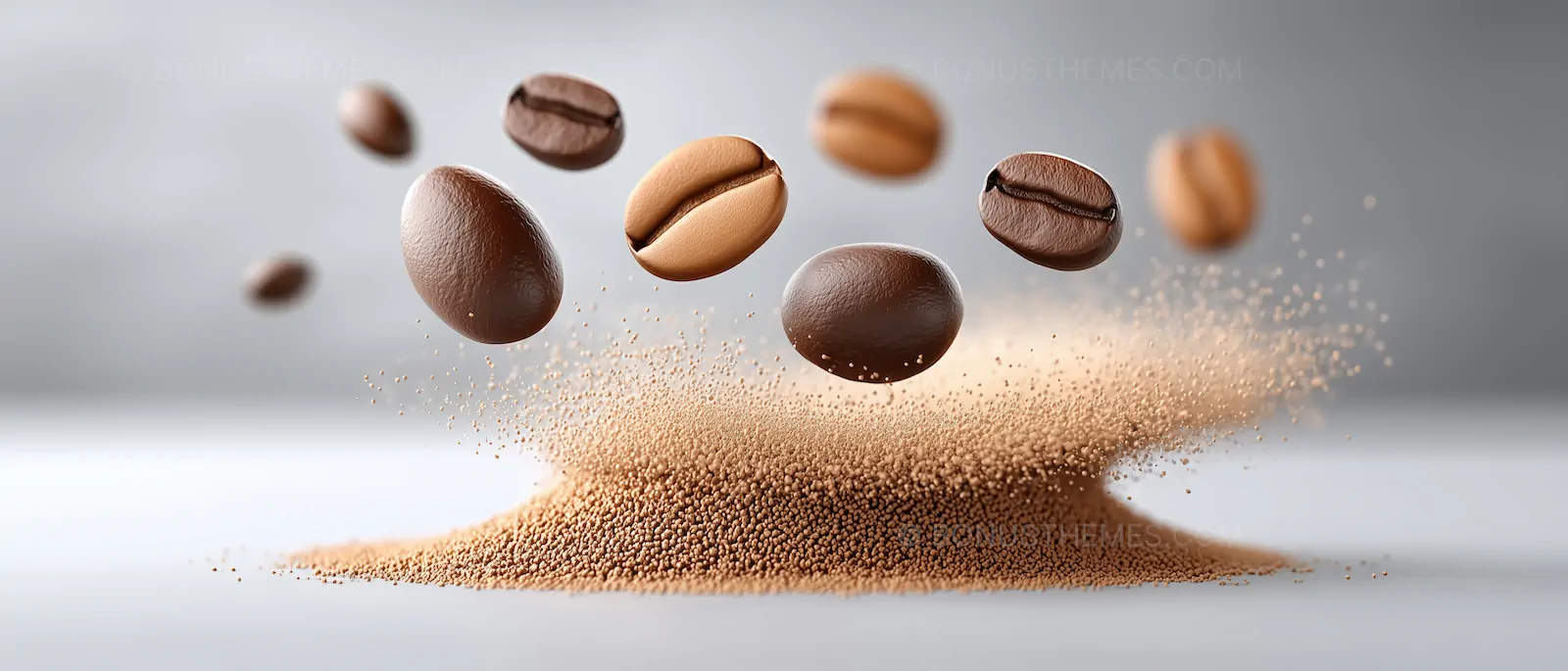 Floating Roasted Coffee Beans Over Instant Coffee Dust | Dynamic AI Generated Abstract Coffee Illustration