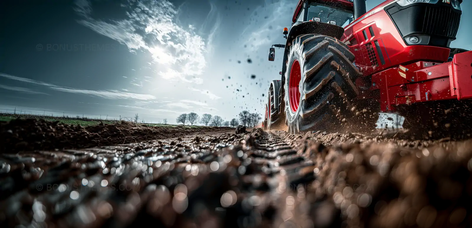 Dynamic Red Tractor Plowing Field | Agricultural AI Image