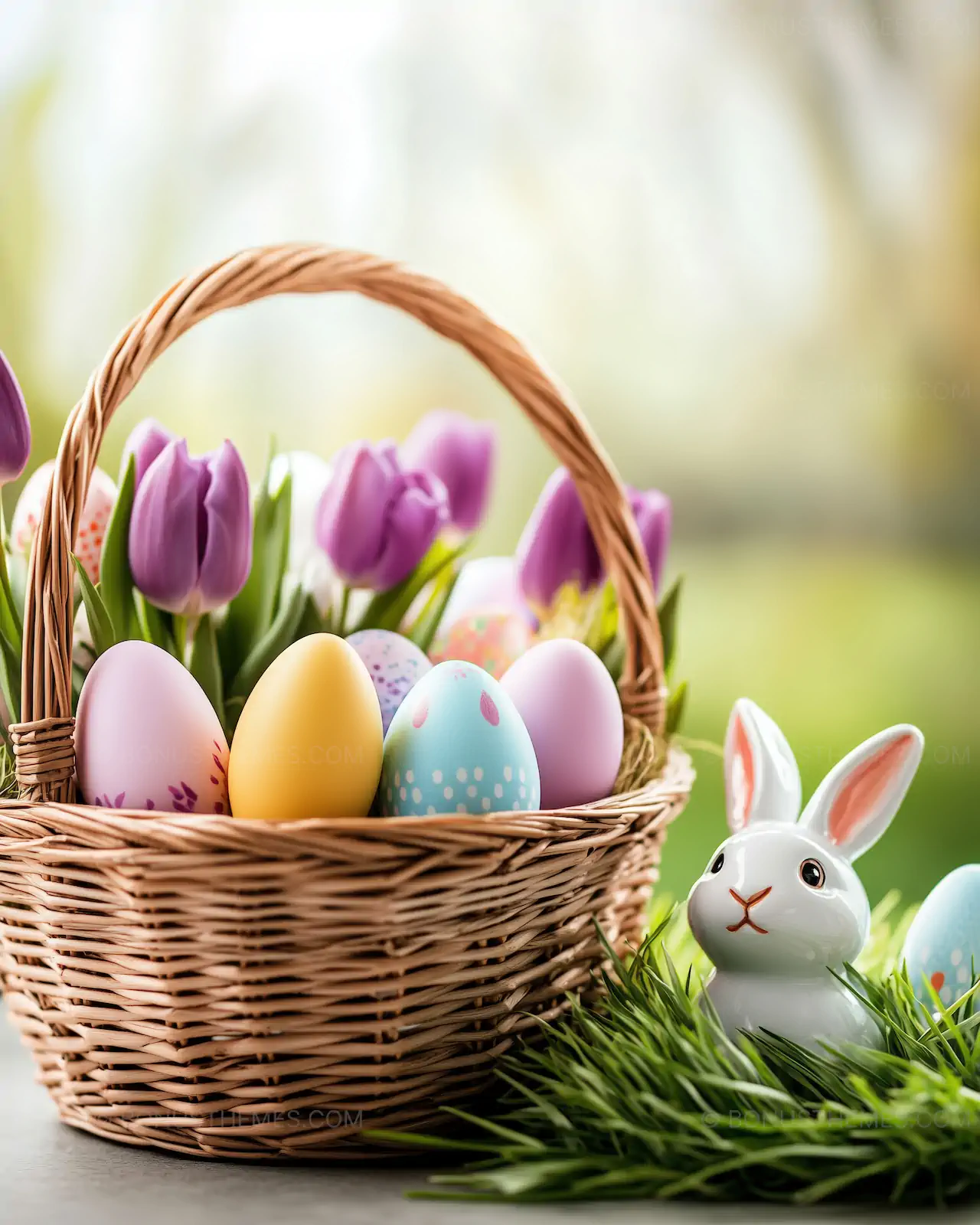 Easter Basket with Tulips and Bunny | Festive Spring Holiday AI Generated Image