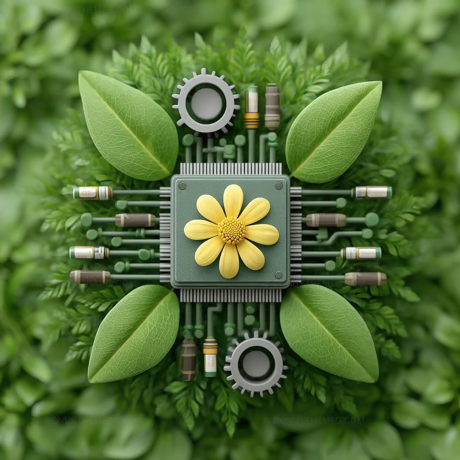 Central Processor with Yellow Flower and Green Leaf Pins | Innovative AI Generated Sustainable Computing Concept