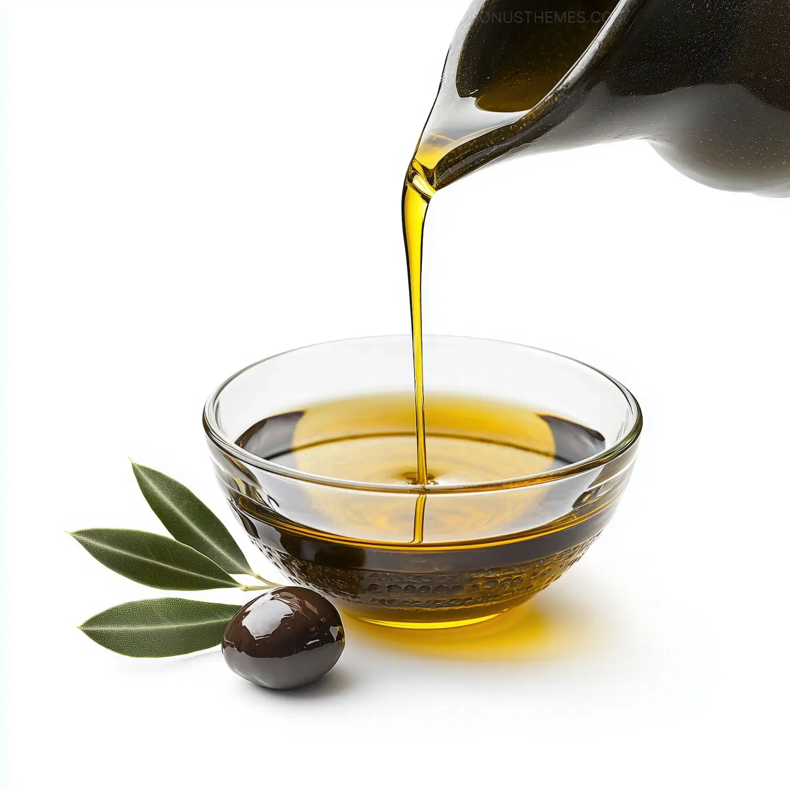 Extra Virgin Olive Oil Pouring into Glass Bowl | AI Food Photography