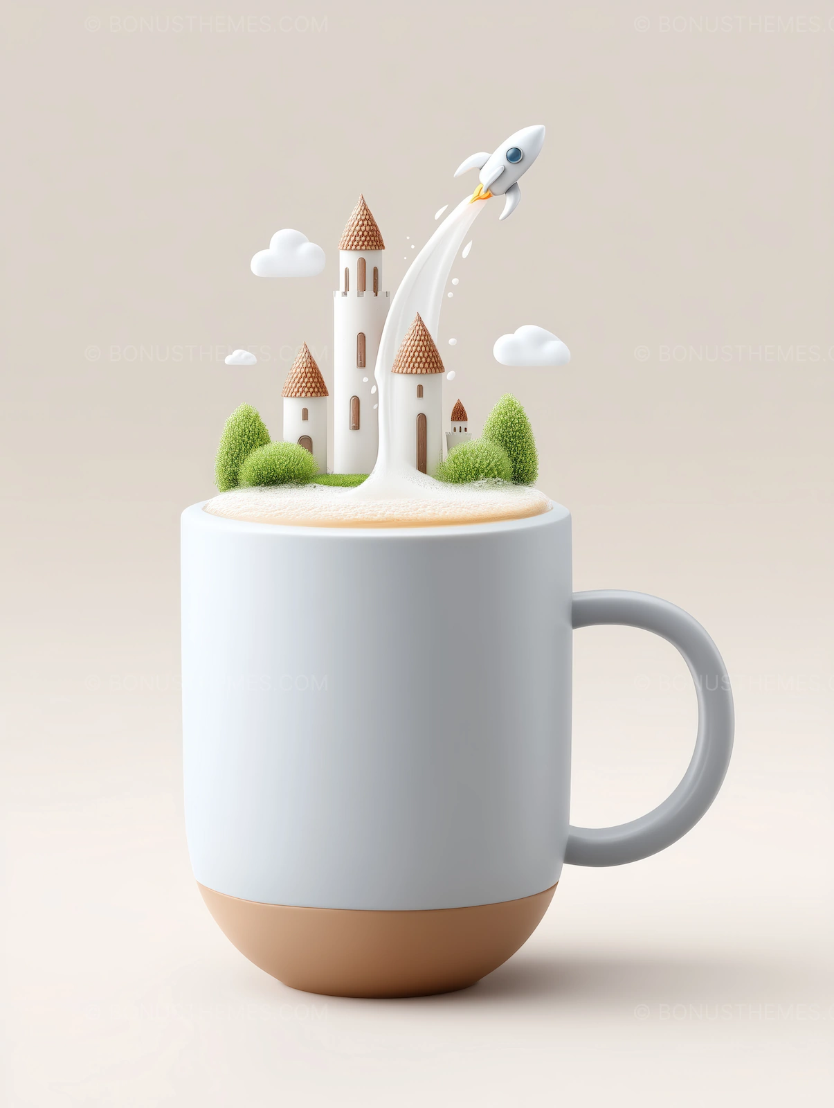 Miniature Dreamworld with Rocket and Castle in a Coffee Mug | Creative AI Generated 3D Fantasy Illustration