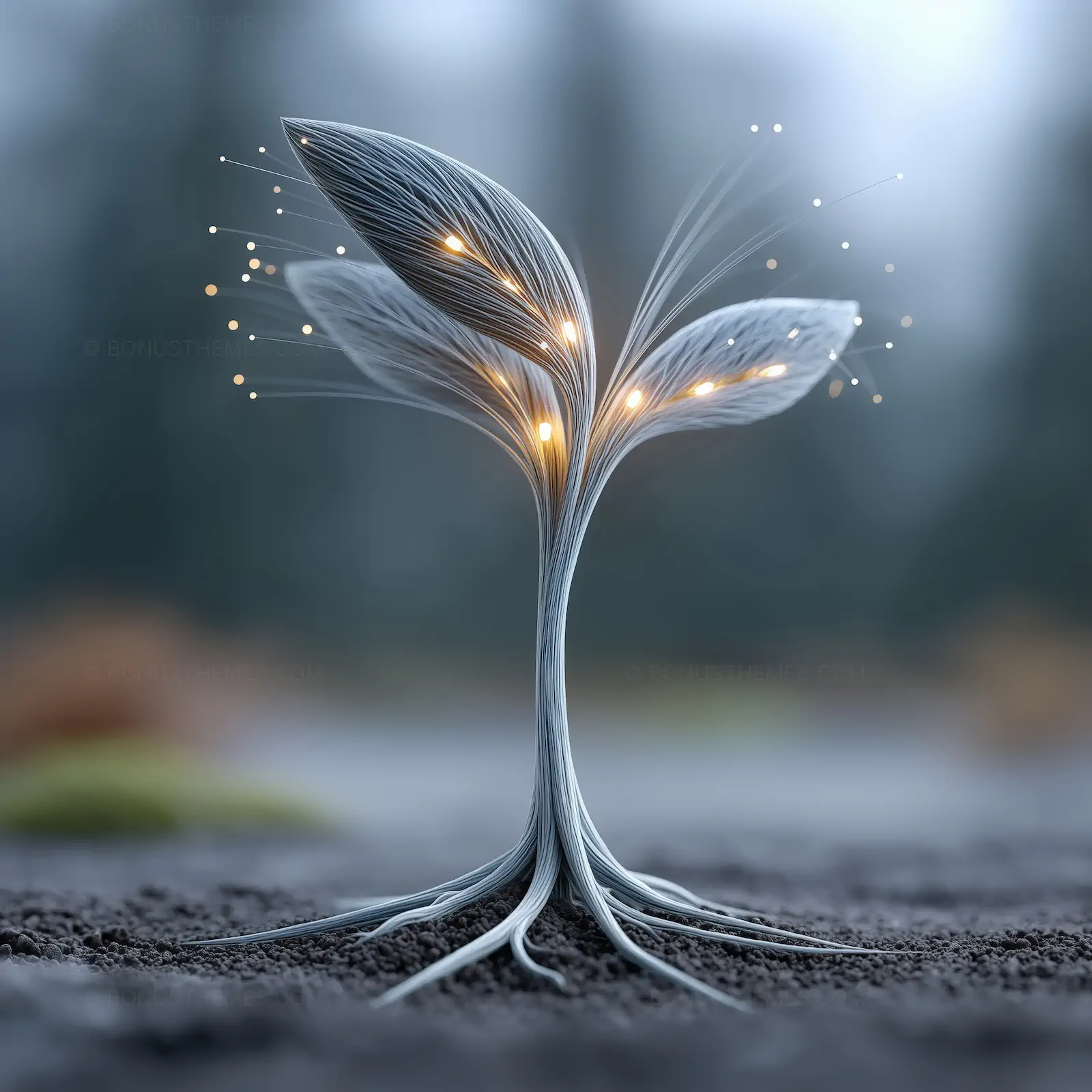 Fiber Optic Plant Sprouting with Glowing Digital Buds | Futuristic AI Generated Bio-Technology Concept