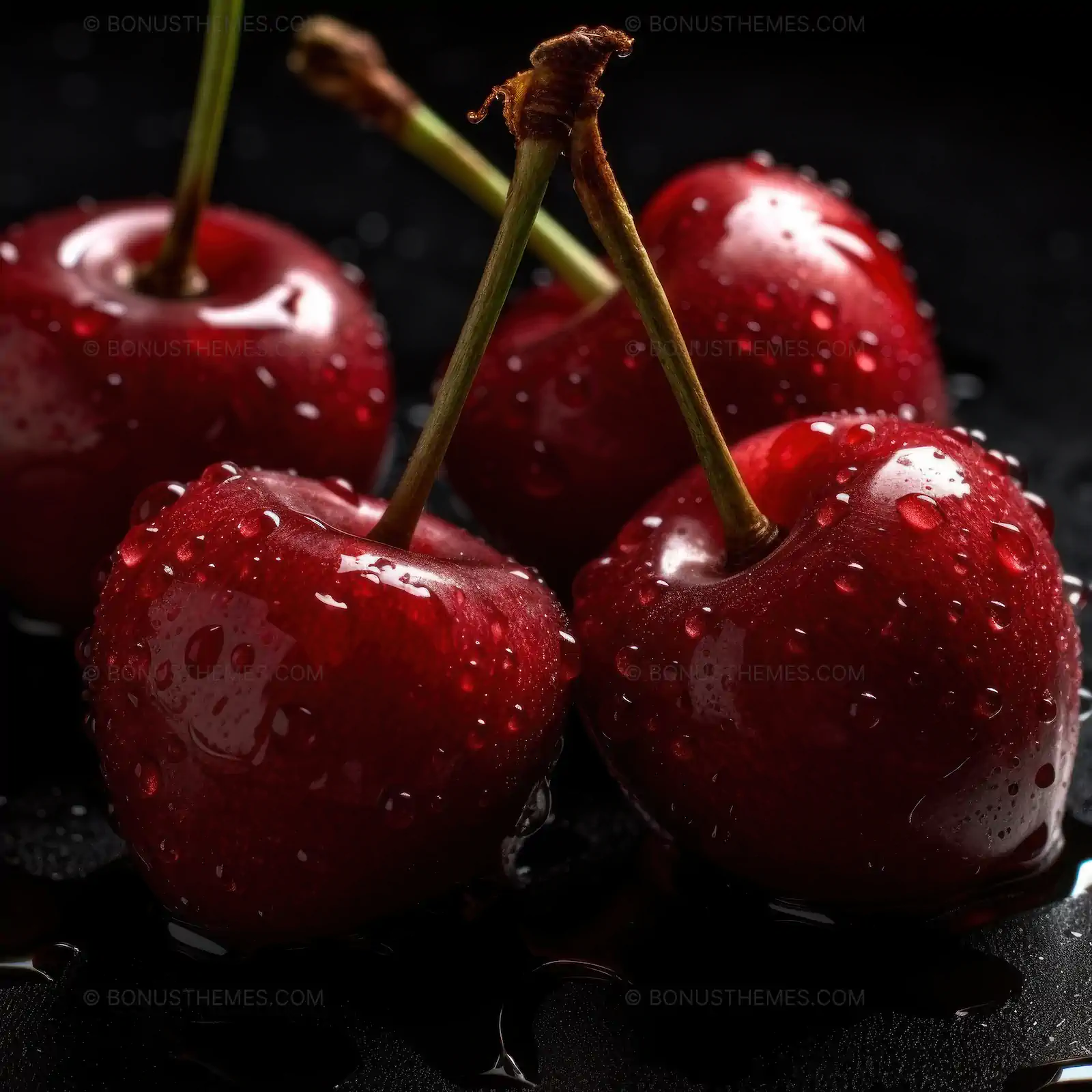 Four Fresh Cherries on Black Surface | Vibrant Fruit Still Life AI Generated Image