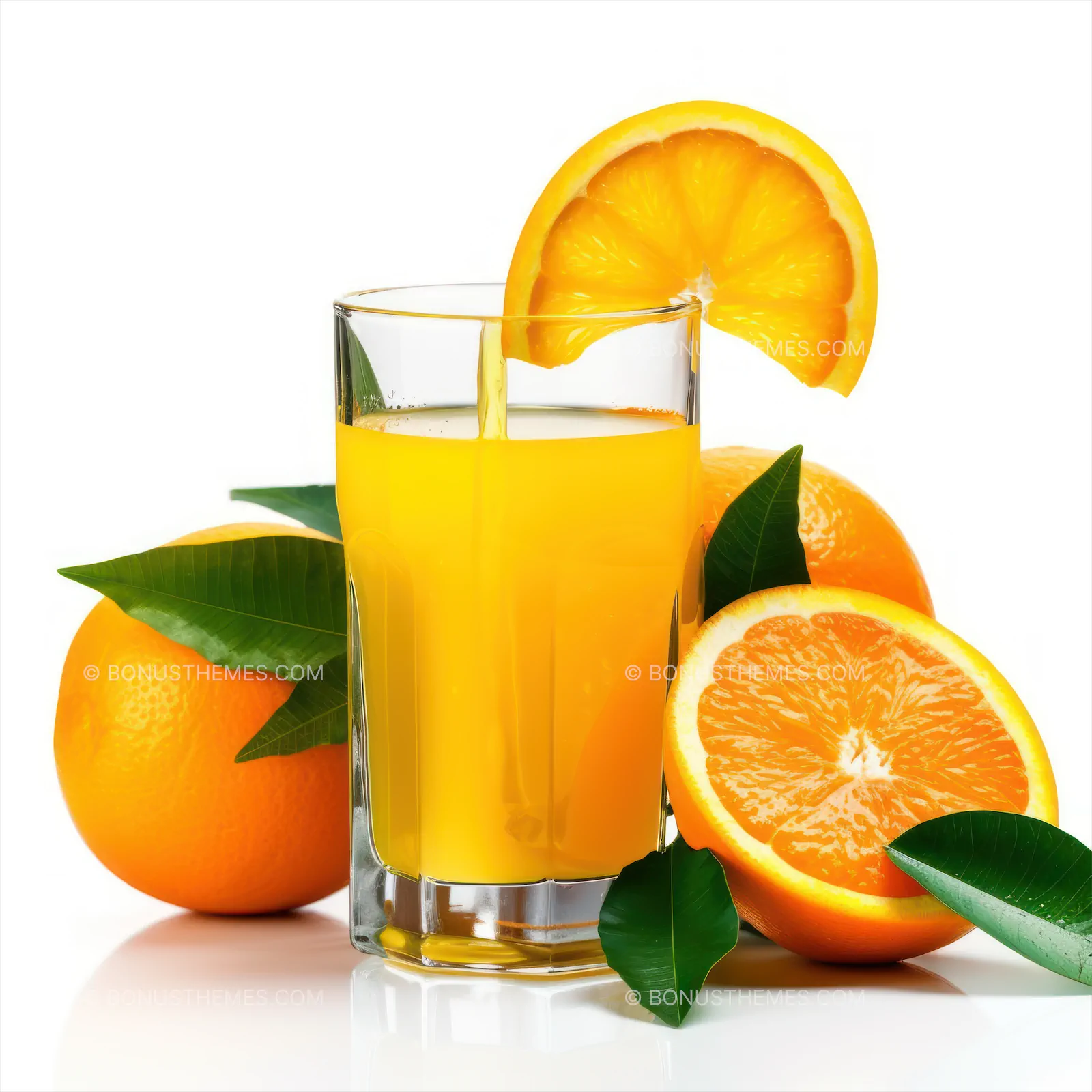 Glass of Fresh Orange Juice with Whole and Sliced Oranges | Vibrant AI Generated Healthy Beverage Illustration