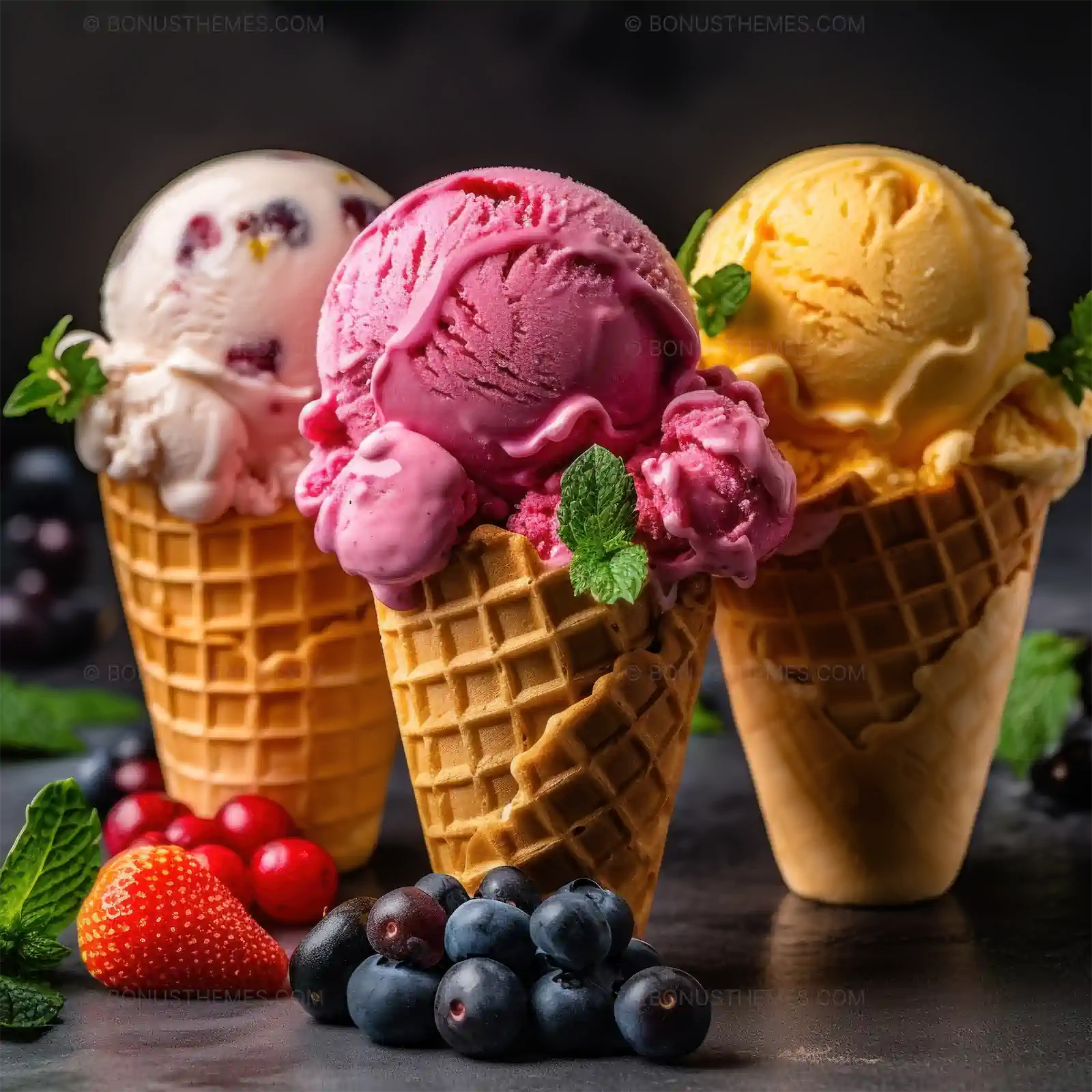 Refreshing Ice Cream Cones with Vibrant Fruit Toppings | Professional AI Generated Summer Dessert Visual