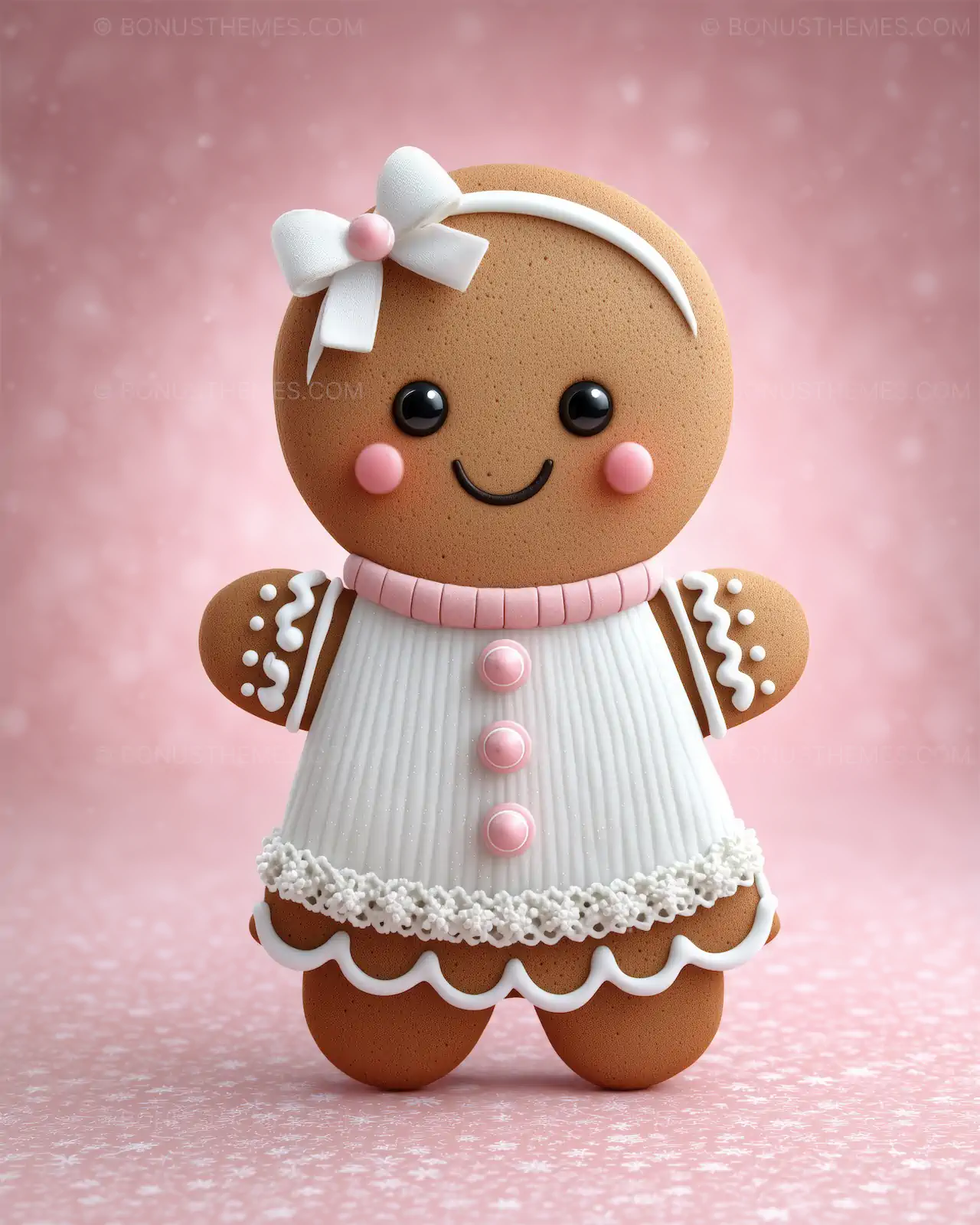 Gingerbread Cookie with Bow and White Dress Smiling | Holiday AI Image