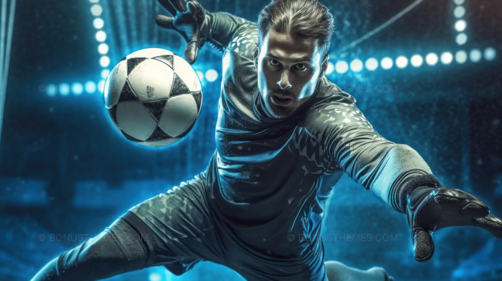 Goalkeeper Mid-Air Catching Soccer Ball - Dynamic AI Generated Sports Action Image