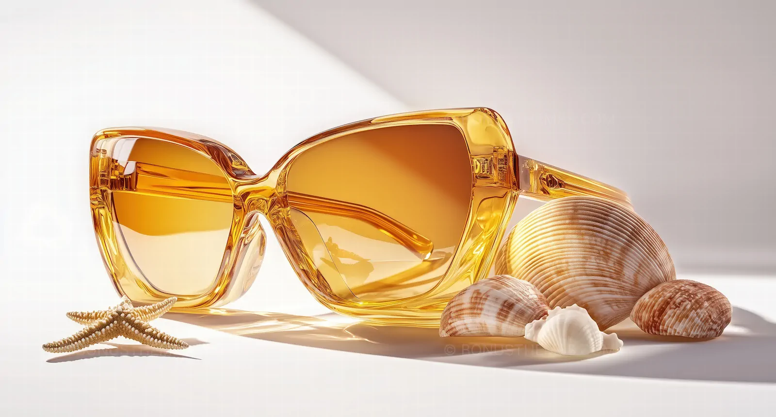 Golden Hour Sunglasses Mockup | Premium Amber Eyewear with Seashells and Starfish AI Generated Image
