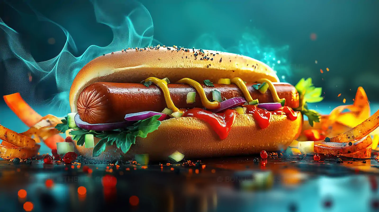 Gourmet Hot Dog with Mustard & Onions | High-Impact AI Food Art