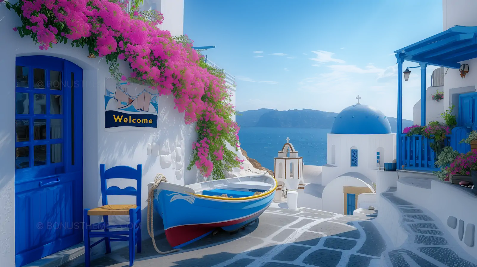 Traditional Blue and White House with Boat - Greek Island Style AI Generated Image