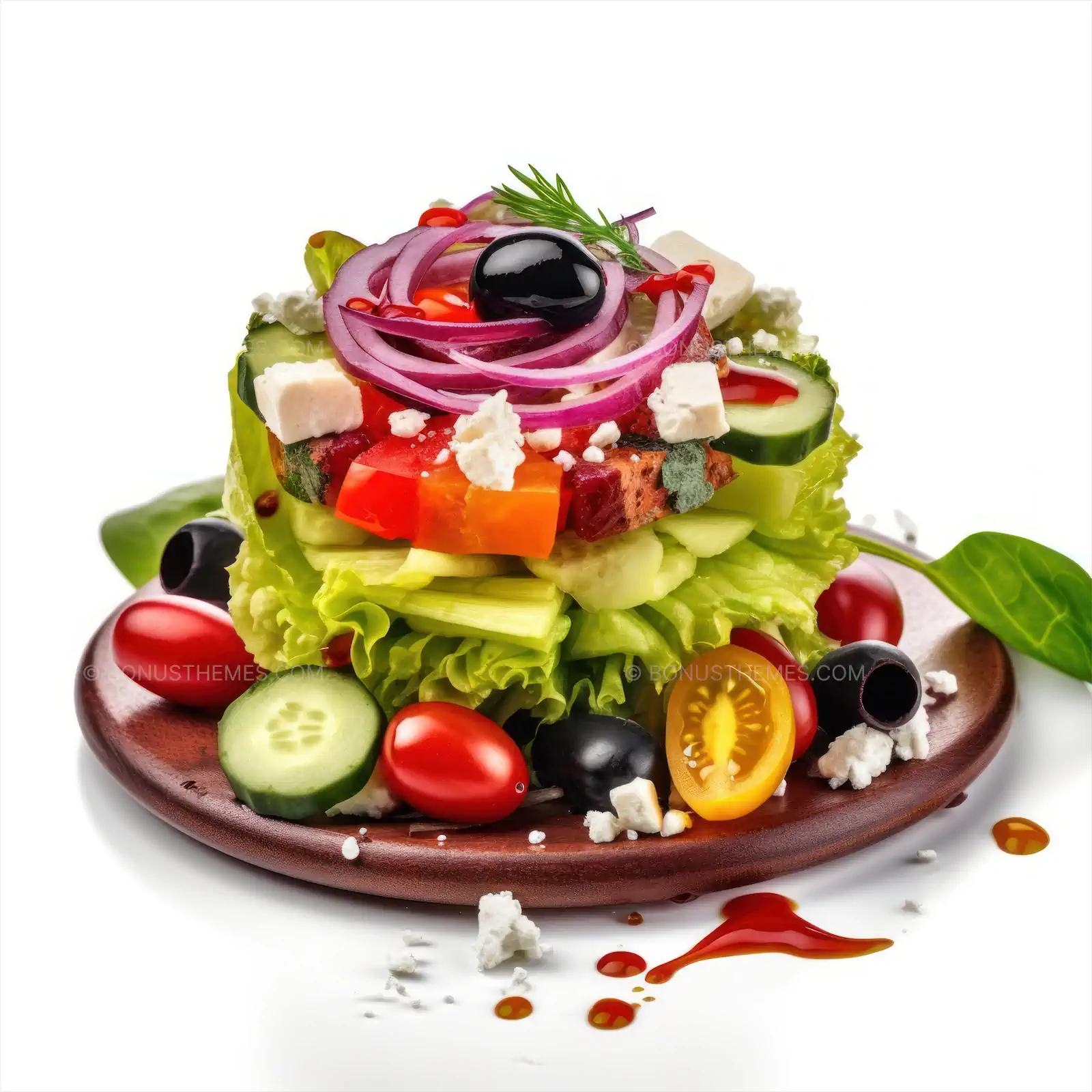 Greek Salad with Feta Cheese and Black Olives on Wooden Plate | Authentic AI Generated Mediterranean Food Image