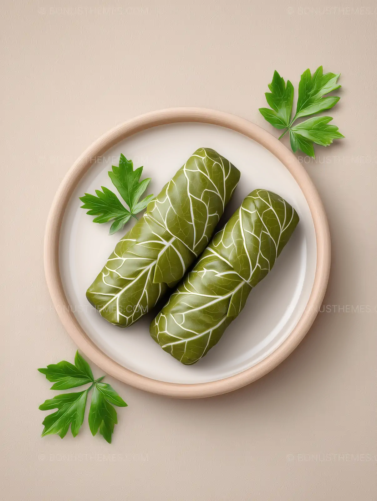 Green Leafy Vegetables Wrapped in Leaves on White Plate | Healthy Food AI Image